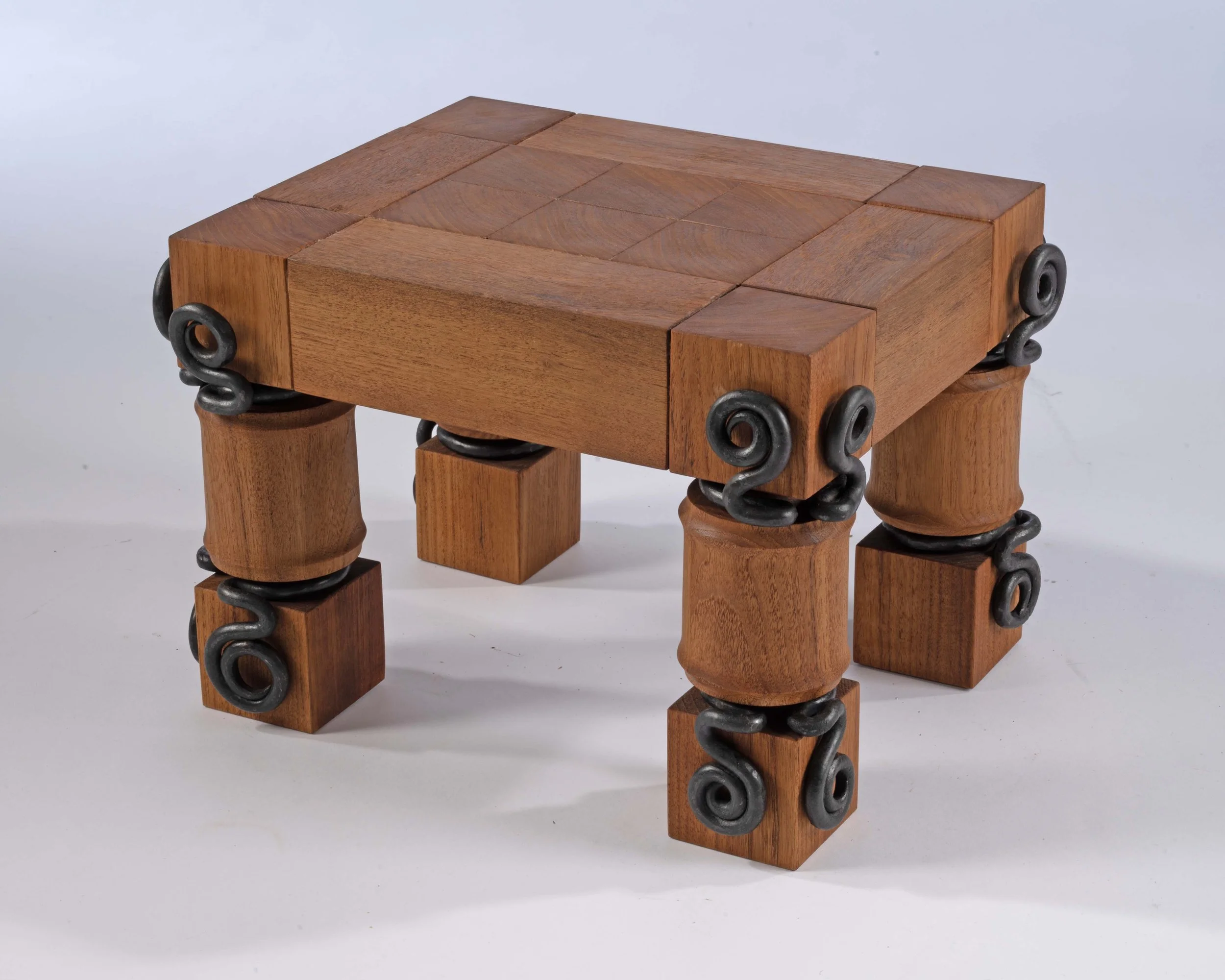 A Descendant from the Living Room Furniture. 2026. Indian Teak. Mild Steel. Odie's wood butter.