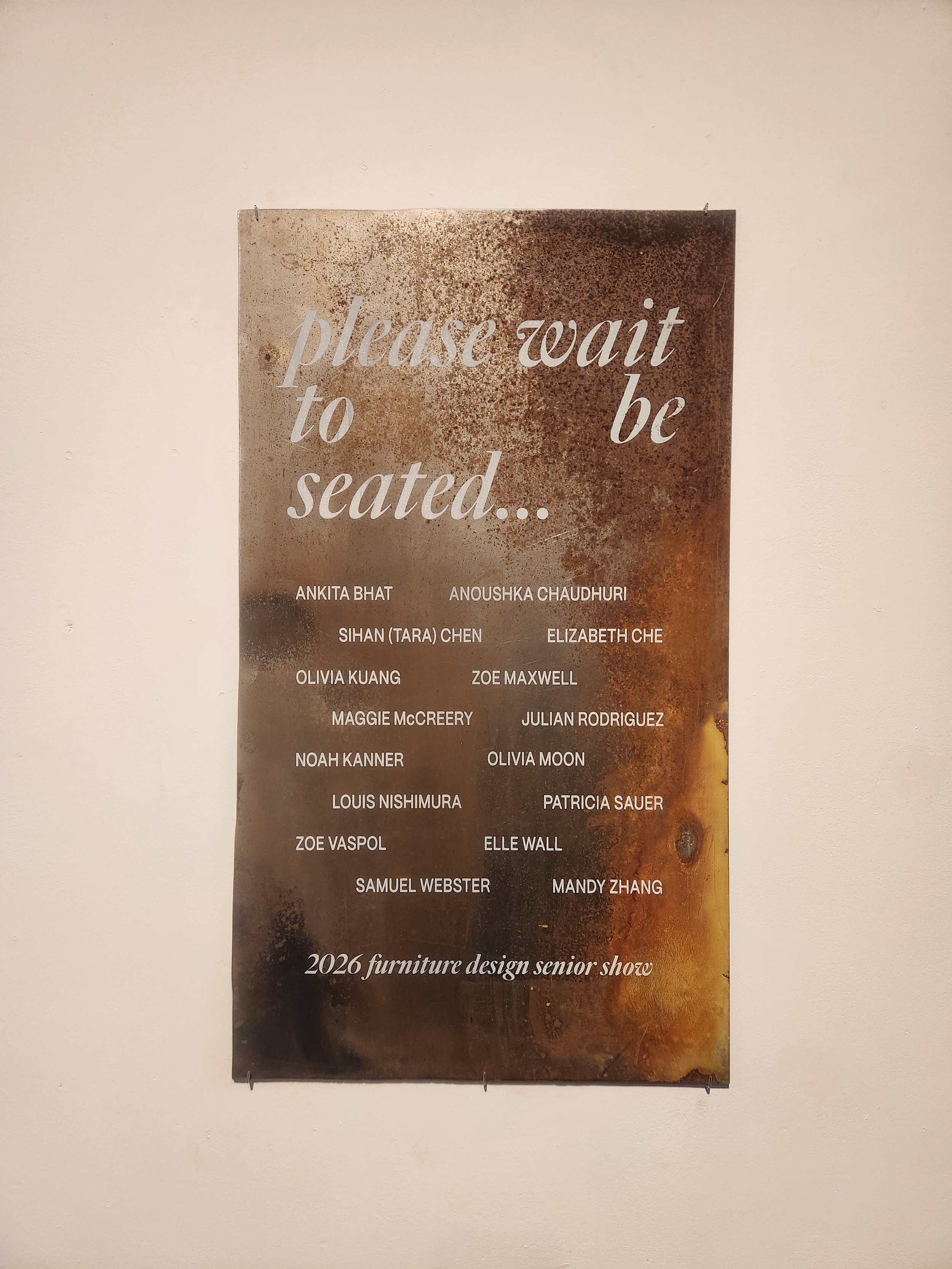 Please Wait to be Seated. 2026. Poster for RISD Senior Furniture Show. Mild steel. Vinegar. Salt. Copper patina. Steel blackener. Silkscreen ink.