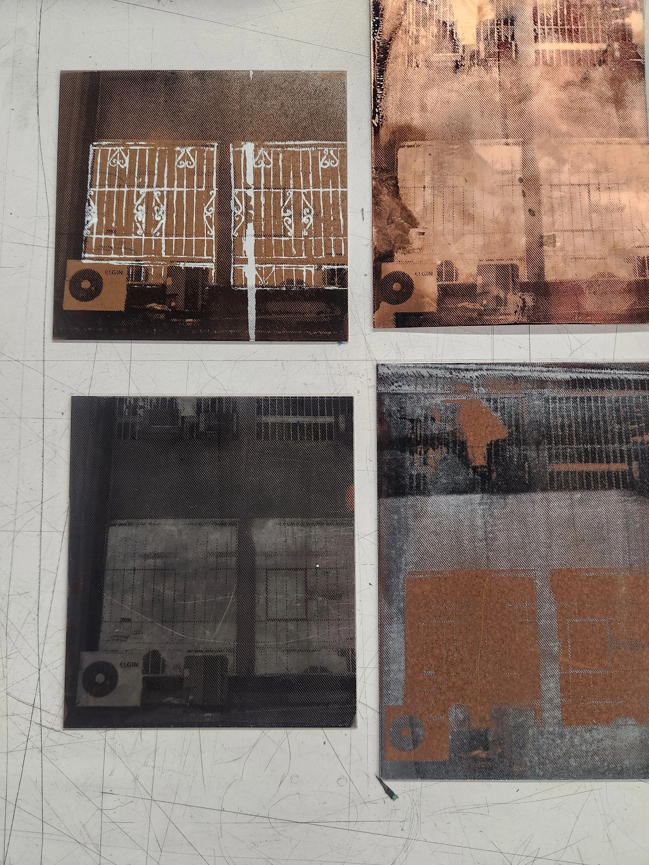 Silkscreen on rusted metal. 2025. Silkscreen ink. Mild Steel. Copper.