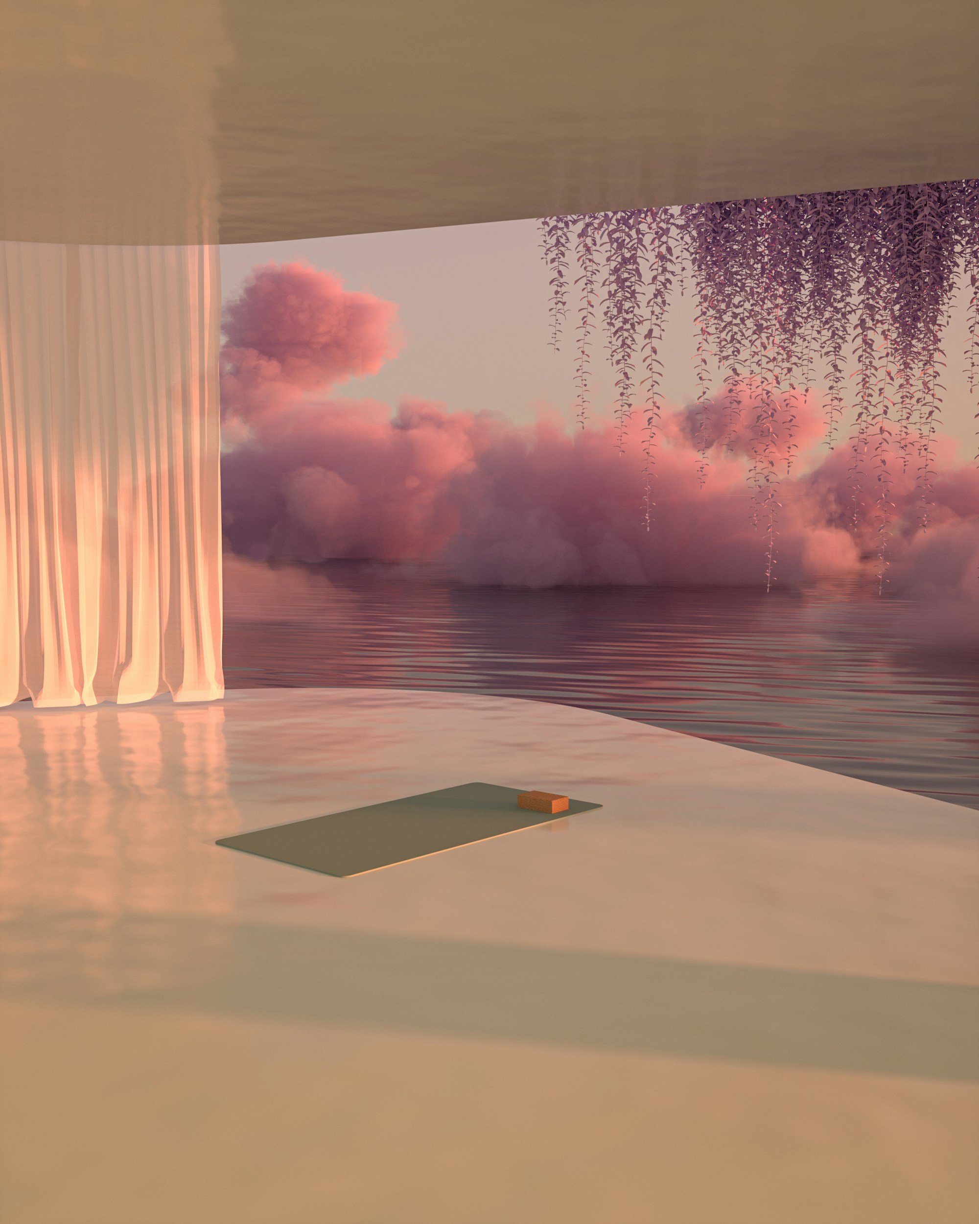 A room with a large white curtain on the left, a sunset or sunrise sky with pink clouds in the background, hanging purple flowers on the right, and a small brick on a green mat on a white floor by the water's edge.