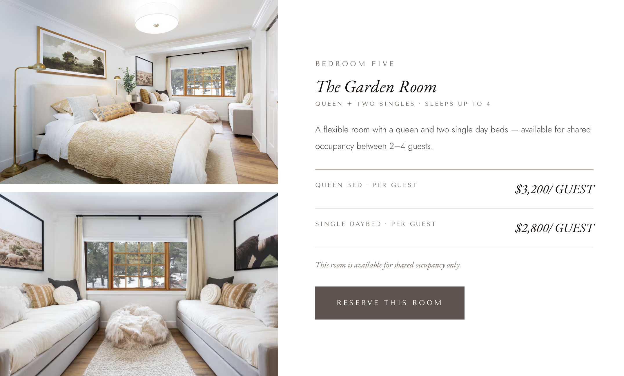 Bedrooms five listing page showing two images of cozy and bright bedrooms with large windows, artwork, and comfortable furniture, alongside rental details and prices.