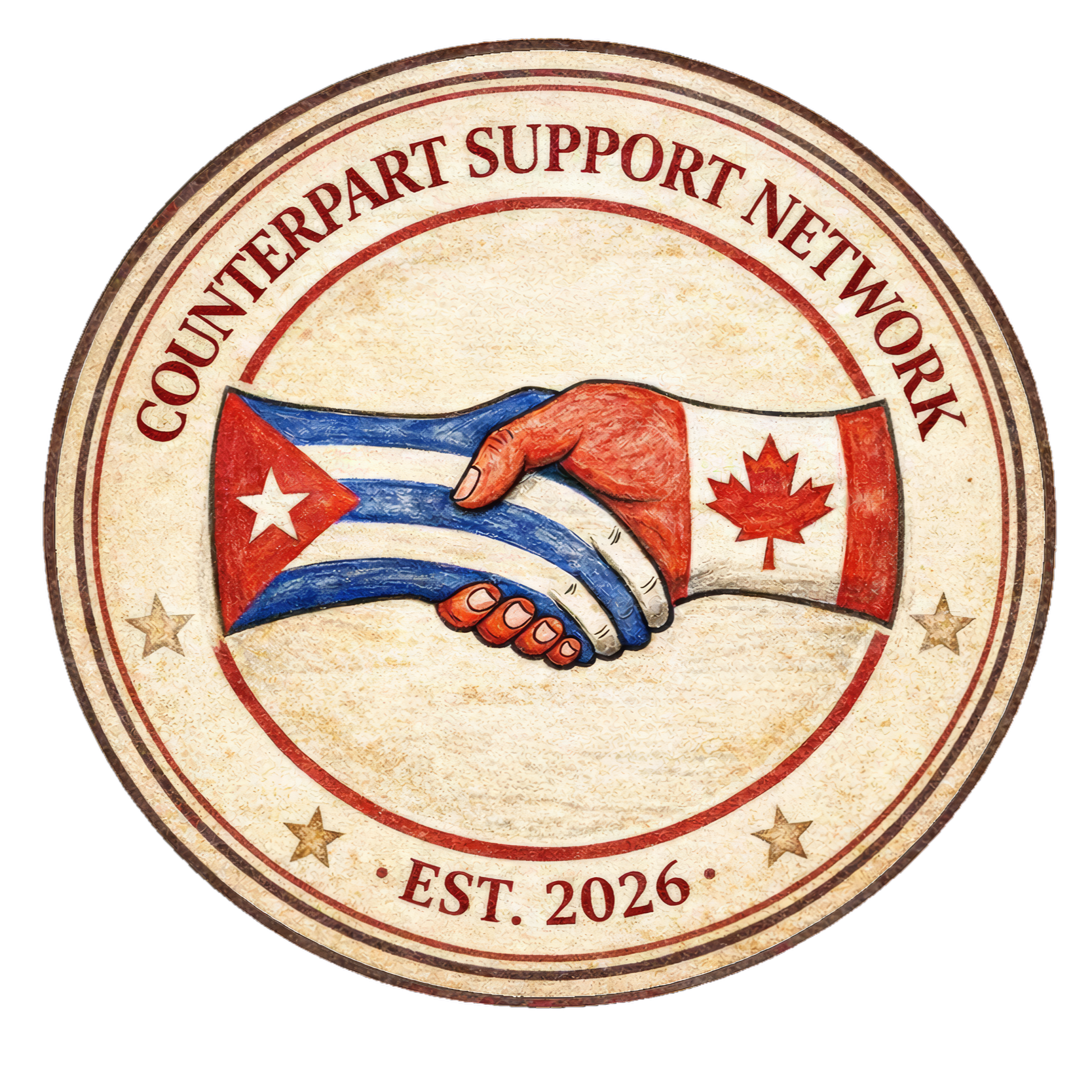 Circular emblem with a handshake between hands painted with the LGBT Puerto Rican flag and the Canadian flag, surrounded by the text 'Counterpart Support Network,' with the establishment date 'Est. 2026' and gold stars.