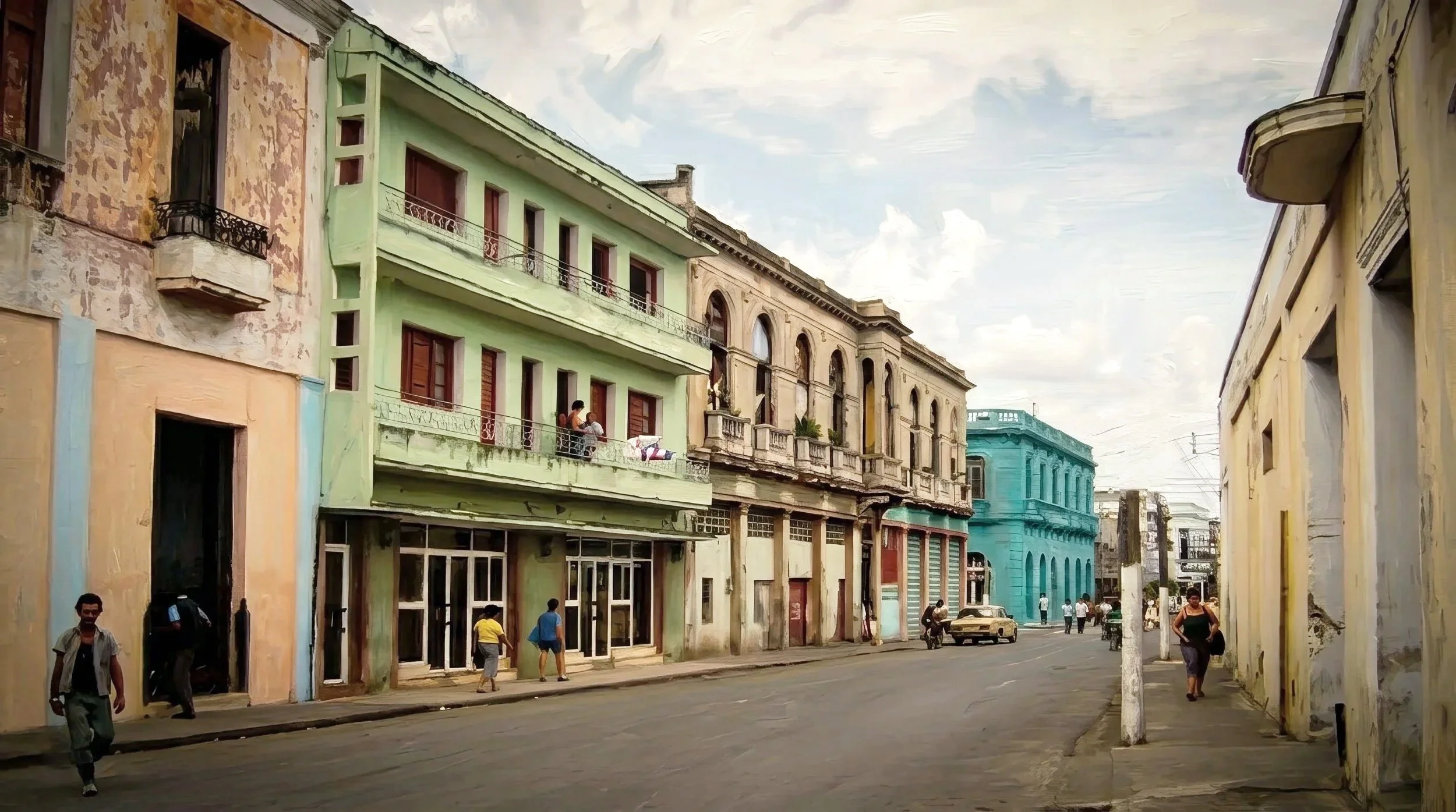 A street scene in a city with colorful, slightly worn buildings, including green, yellow, blue, and beige, and people walking or standing on the sidewalk and balconies, with a car on the street under a cloudy sky.