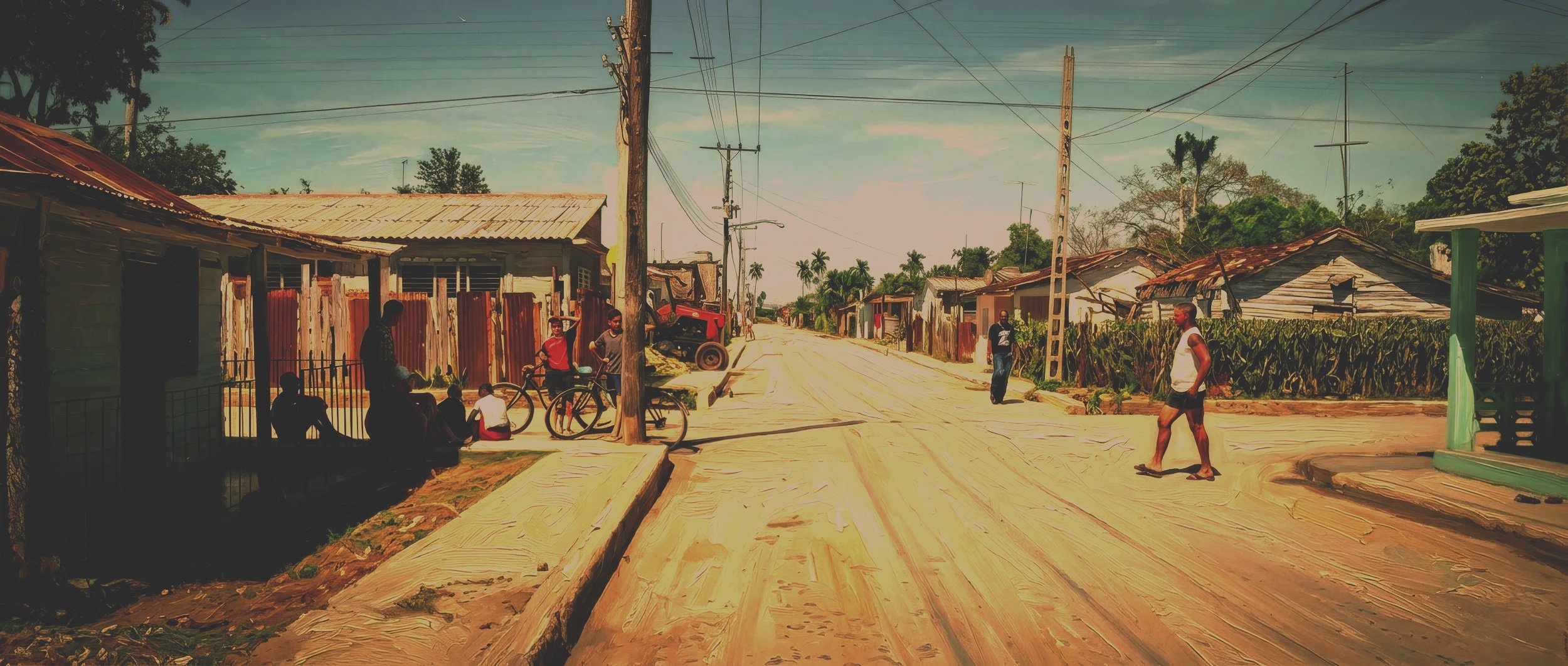 A dirt street scene in a rural neighborhood with several people, houses, bicycles, and power lines, under a blue sky with sparse clouds.