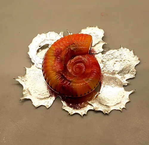 Orange ammonite on a silver leaf
