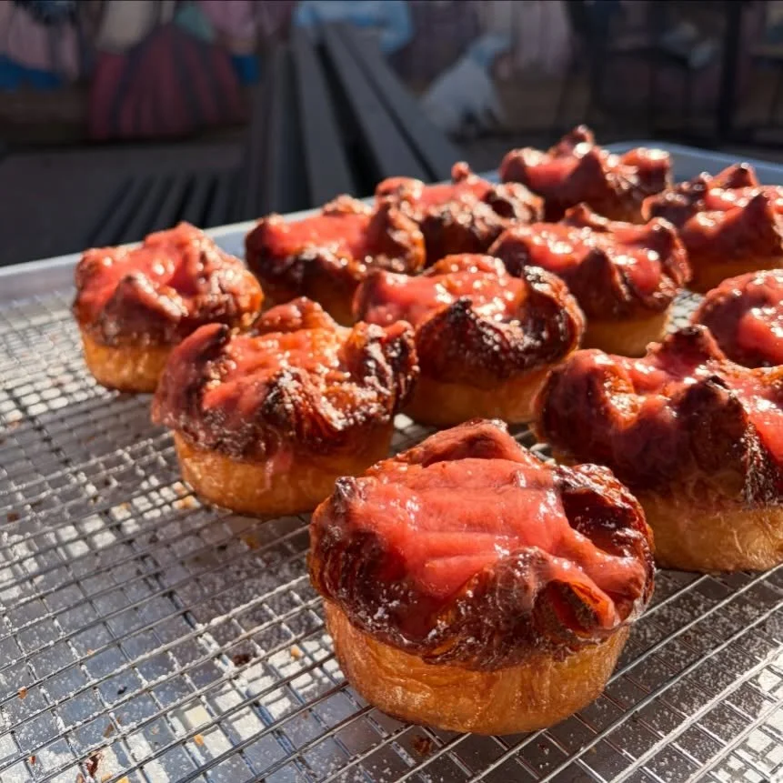 Rhubarb Jam Kouign-amanns! 💐💕🌷 Tart and sweet rhubarb jam on top of our crispy and buttery kouign-amanns &mdash; should be out of the oven by 10ish tomorrow :-)

#torontofood #yyzfood #torontobakery #rhubarb #kouignamann