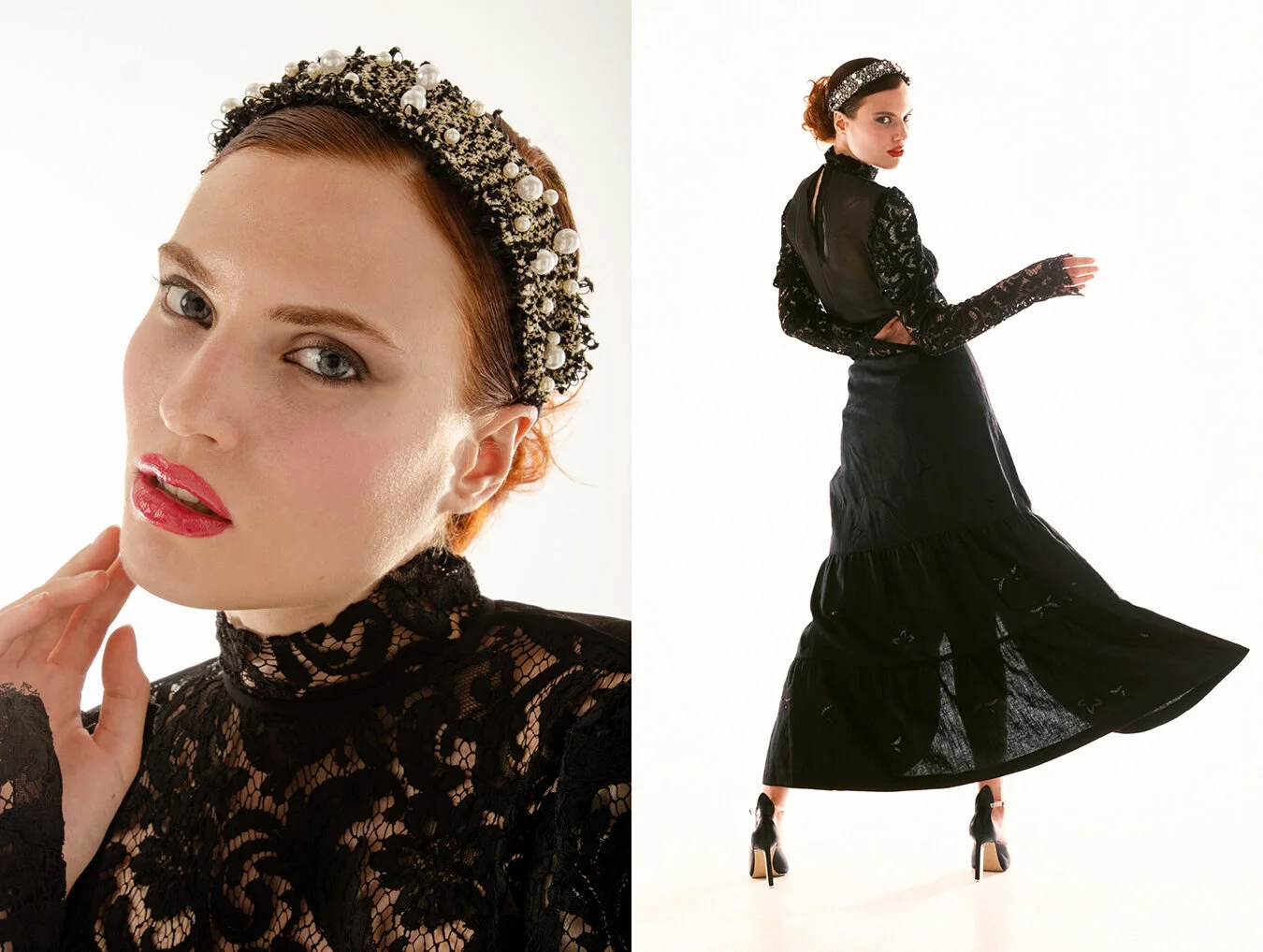 Lace blouse KitX, Skirt Sir the Label, Headband Sarah J Curtis, Shoes Charles and Keith