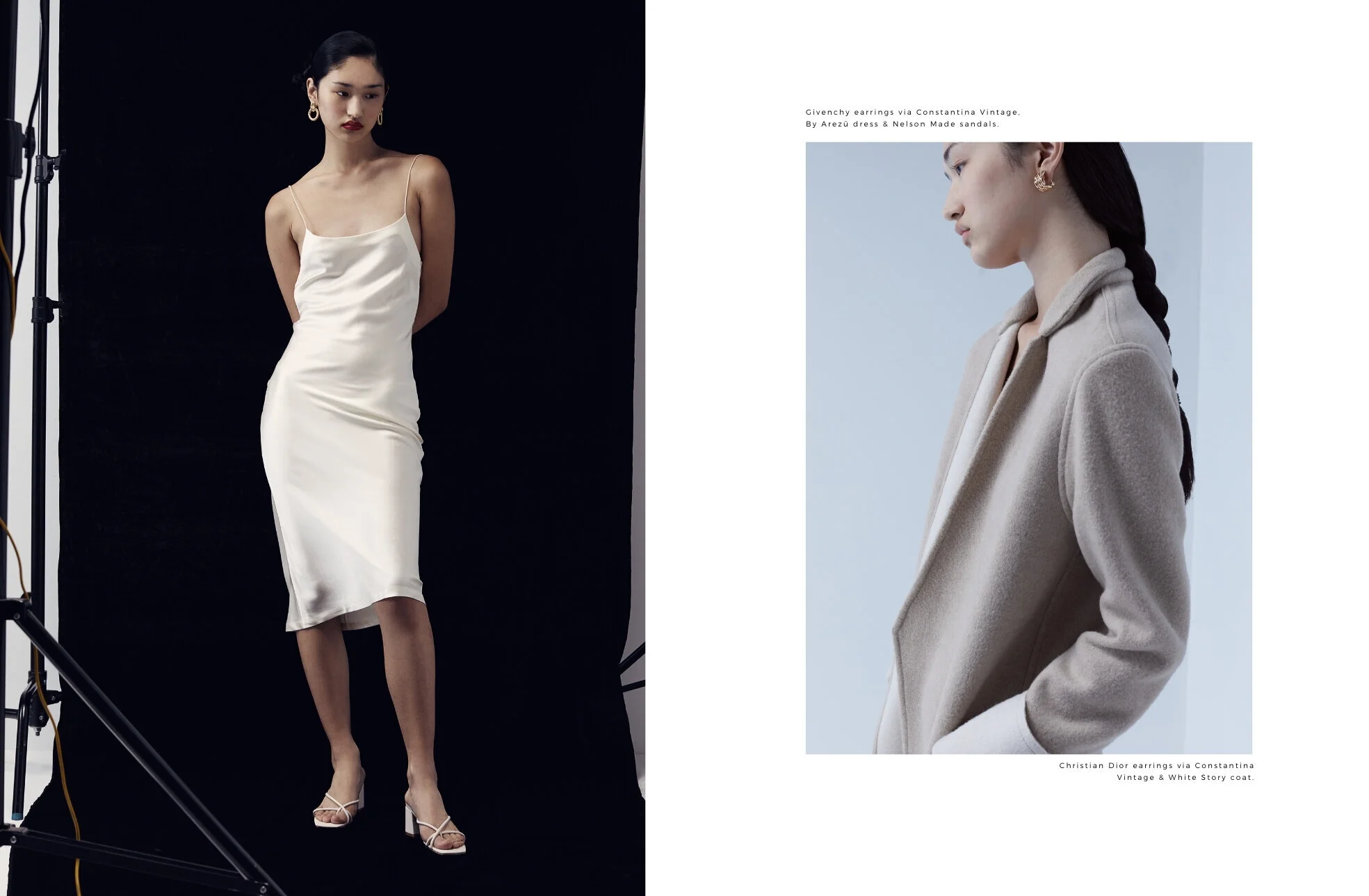 Left: Givenchy earrings via Constantina Vintage, By Arezü dress & Nelson Made sandals // Right: Christian Dior earrings via Constantina Vintage & White Story coat