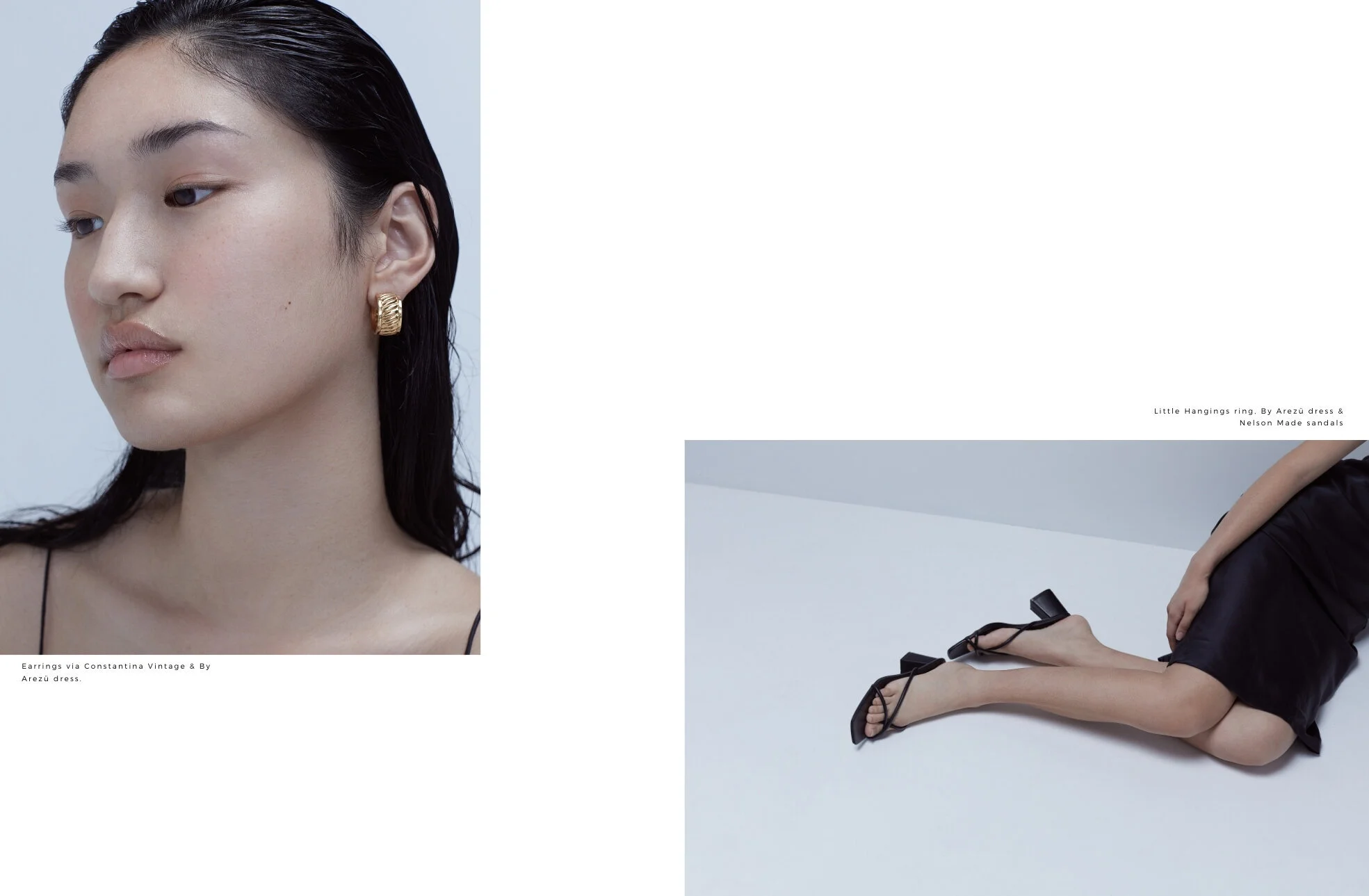 Left: Earrings via Constantina Vintage & By Arezü dress // Right: Little Hangings ring, By Arezü dress & Nelson Made sandals