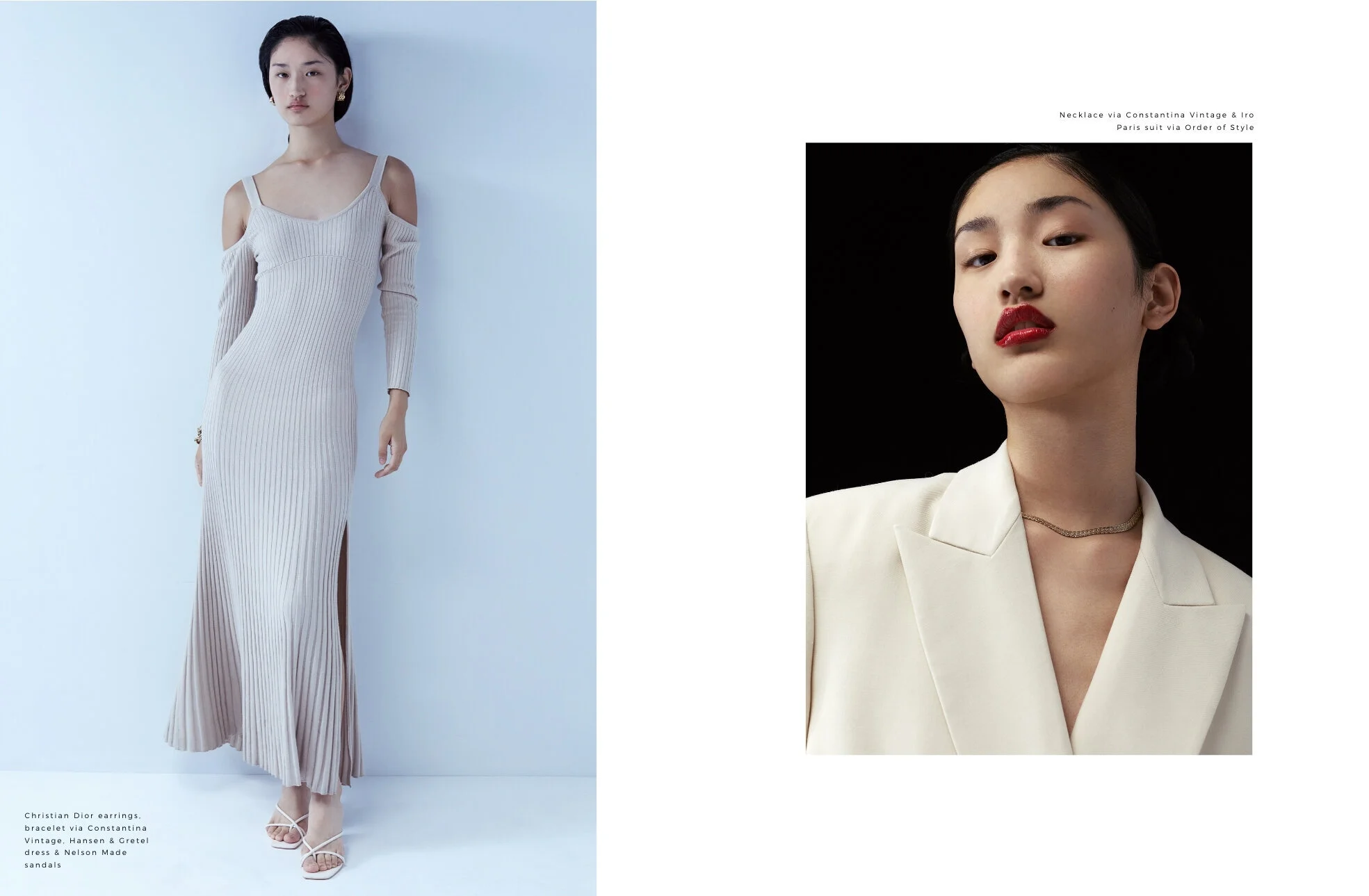 Left: Christian Dior earrings, bracelet via Constantina Vintage, Hansen & Gretel dress & Nelson Made sandals // Right: Necklace via Constantina Vintage & Iro Paris suit via Order of Style