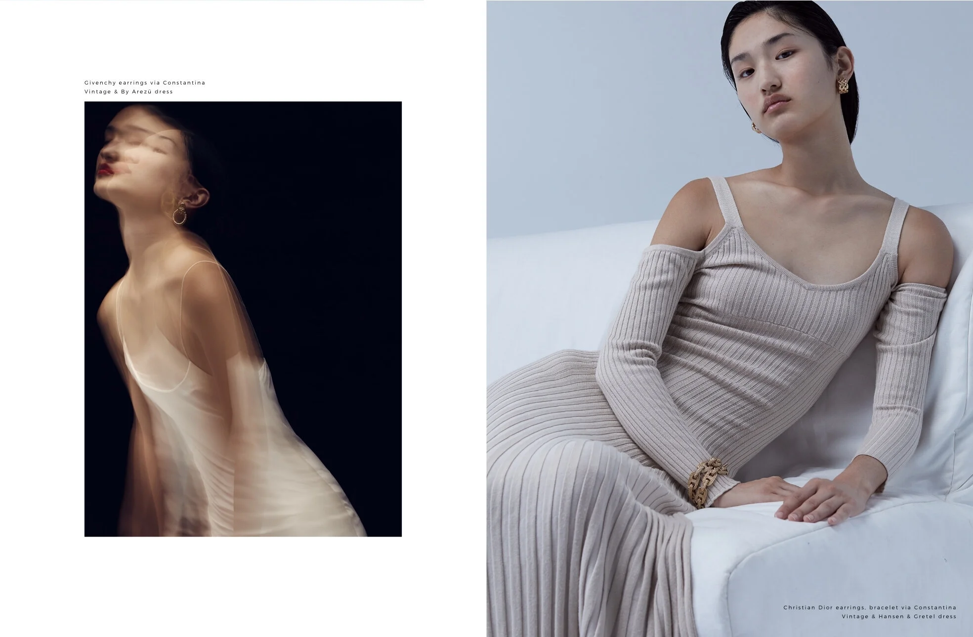 Left: Givenchy earrings via Constantina Vintage & By Arezü dress // Right: Christian Dior earrings, bracelet via Constantina Vintage & Hansen & Gretel dress