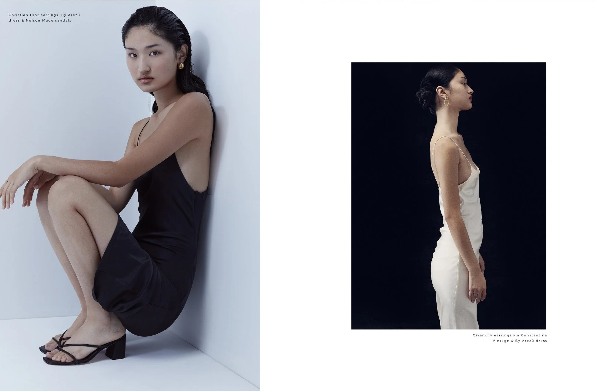 Left: Christian Dior earrings, By Arezü dress & Nelson Made sandals // Right: Givenchy earrings via Constantina Vintage & By Arezü dress