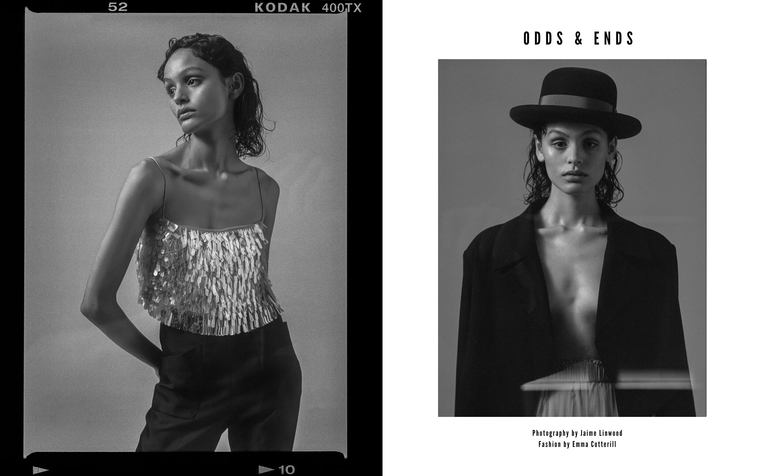 Left: Pants and sequin top Rachel Gilbert // Right: Jacket Esant, Hat Helen Kaminski