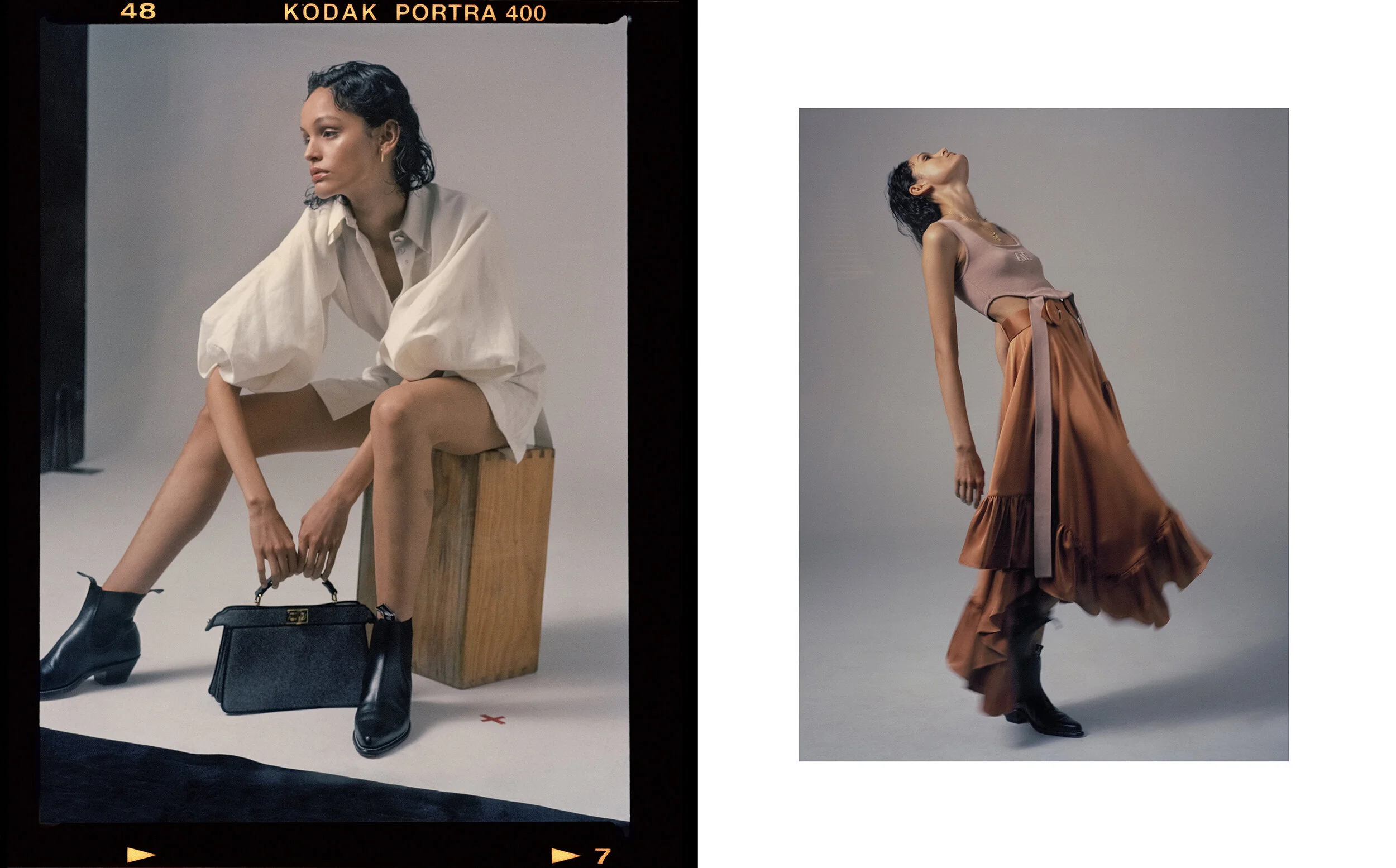 Left: Dress Aje, Boots R.M.Williams, Earrings Arms Of Eve, Bag Fendi // Right: Top Aje, Skirt Leo and Lin, Boots R.M.Williams, Necklace Arms of Eve