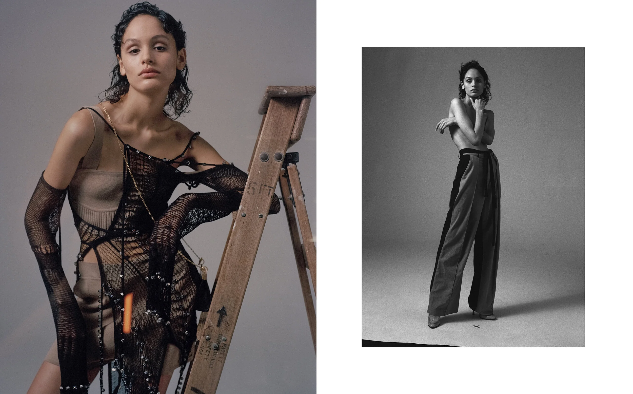 Left: Top and shorts Aje, Knitted top Caroline Rezni, Boots R.M.Williams, Bag Oroton // Right: Pants Michael Lo Sordo, Shoes Tods