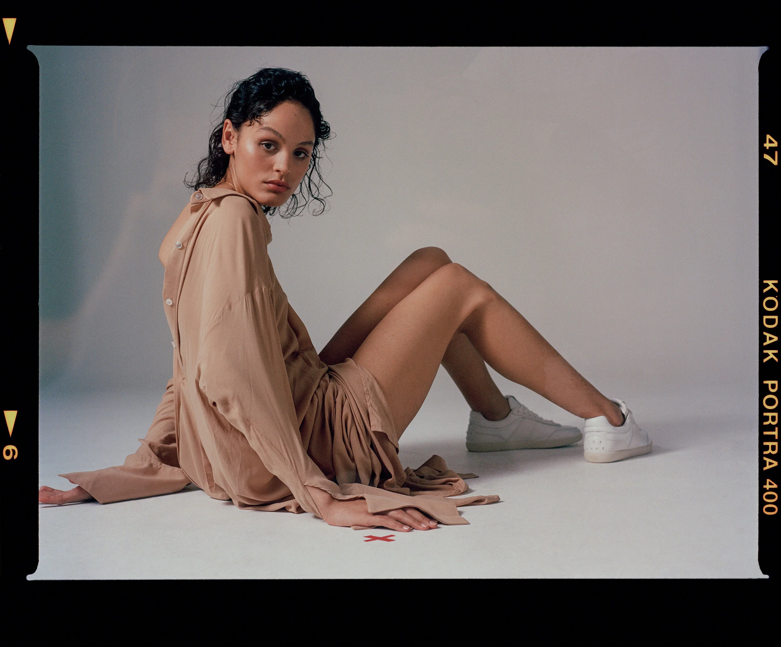 Shirt dress Esant worn back to front, Necklace Arms of Eve, Sneakers Tods