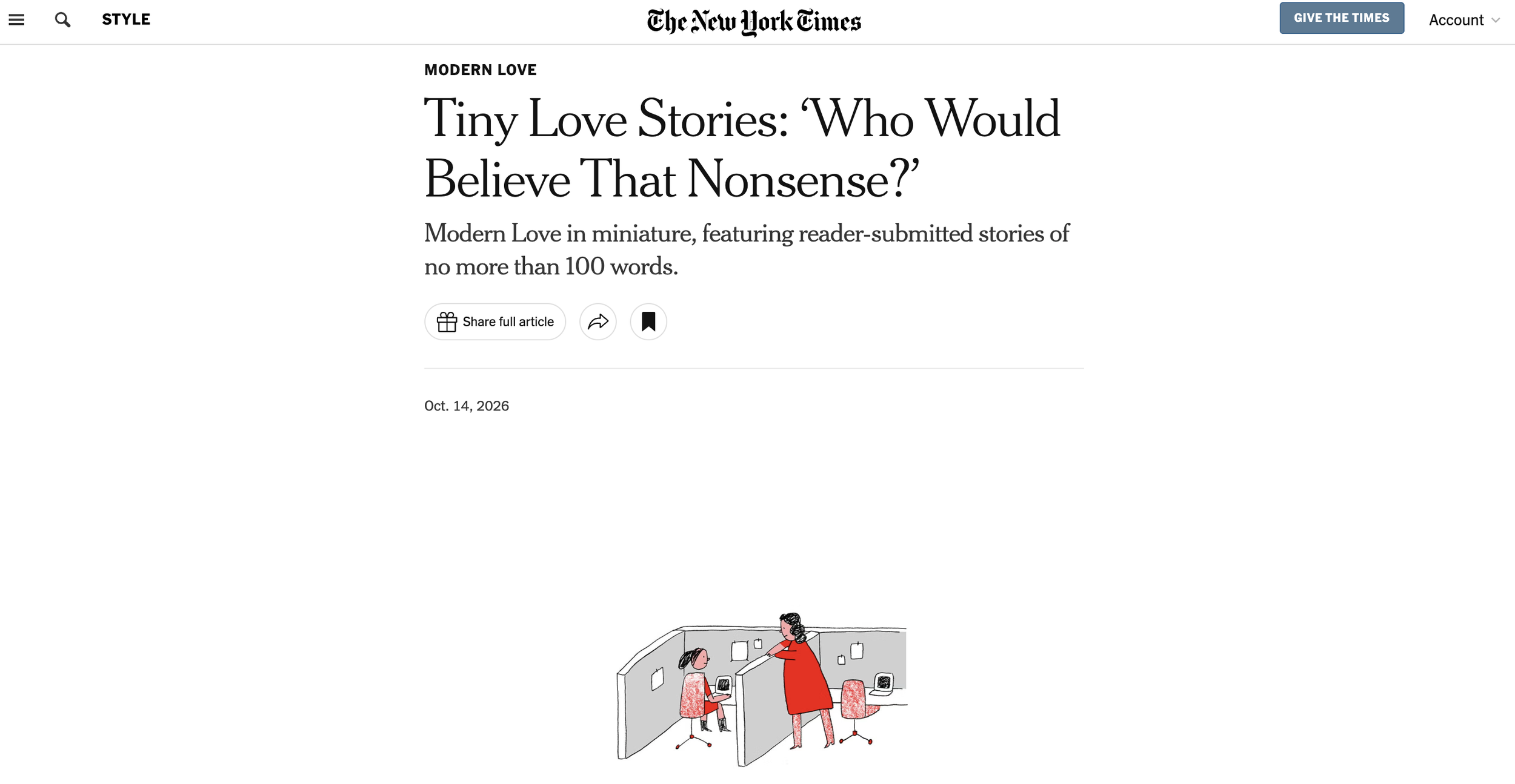 Tiny Love Stories, Modern Love, New York Times 10.14.26