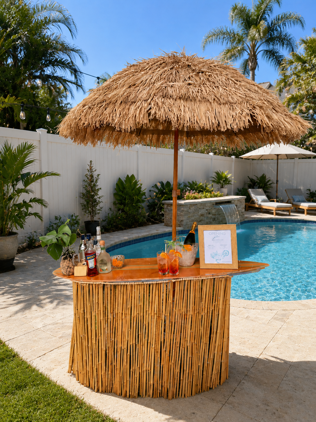 Tiki bar by a pool with a thatched umbrella, various bottles, drinks, and a framed menu, positioned in a backyard with lounge chairs and tropical plants.