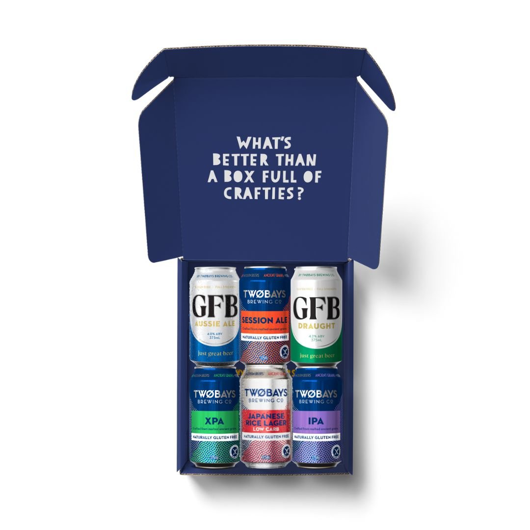 Top down image of an open Yeah, The Beers! 6-pack box of Australian gluten-free craft beers in a variety of styles