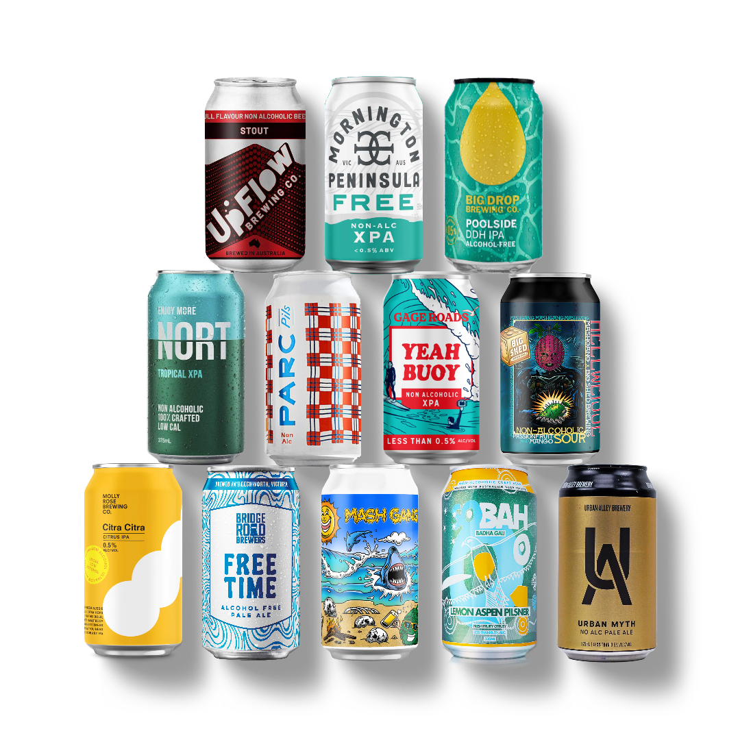 Top down image of 12 Australian non-alcoholic craft beers that feature in Yeah, The Beers!'s Non-Alcoholic Mixed Dozen pack