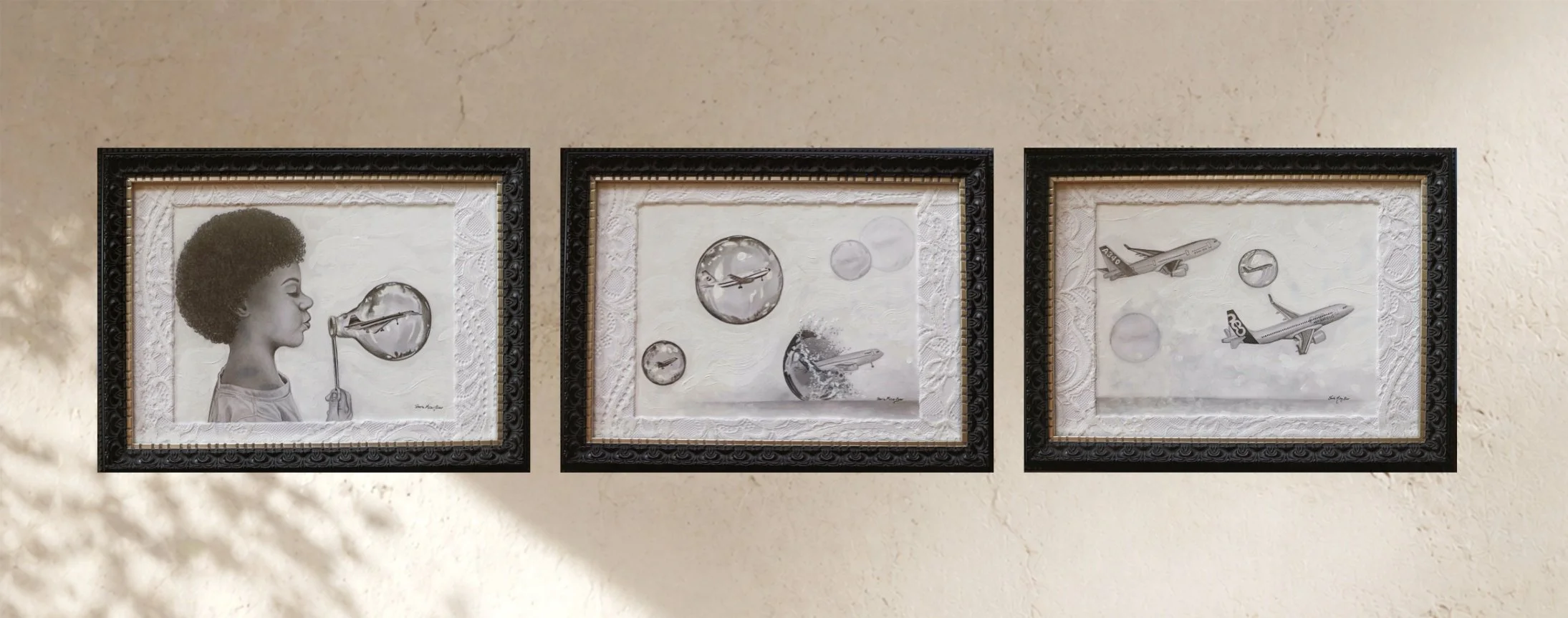 "Childhood Dreams," by Sharla Miller-Baer, 2022.  Charcoal and graphite on three 8.5x11 panels.