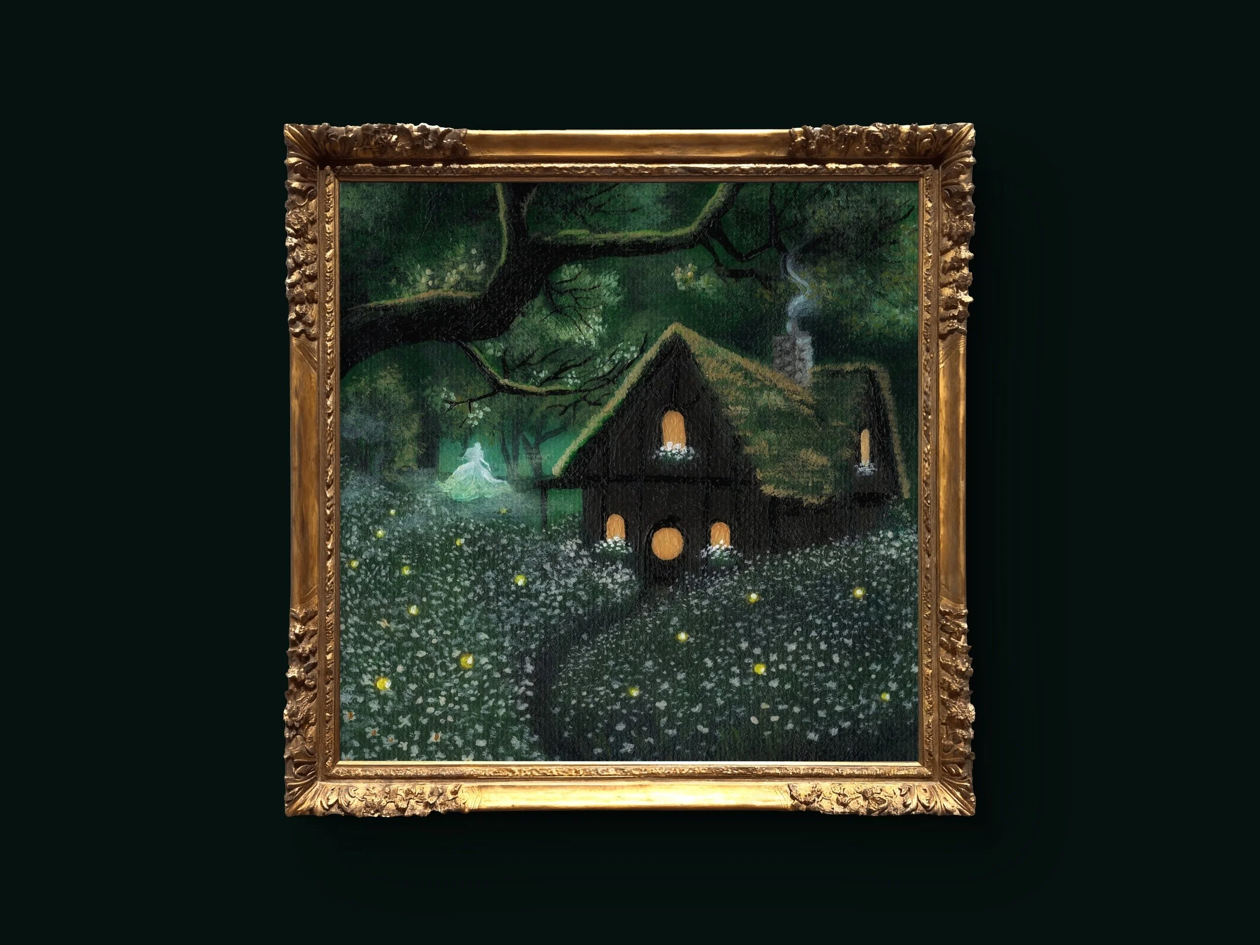 "The Mini Collection; Cabin in the Woods," by Sharla Miller-Baer, 2025. Acrylic on canvas, 4x4.