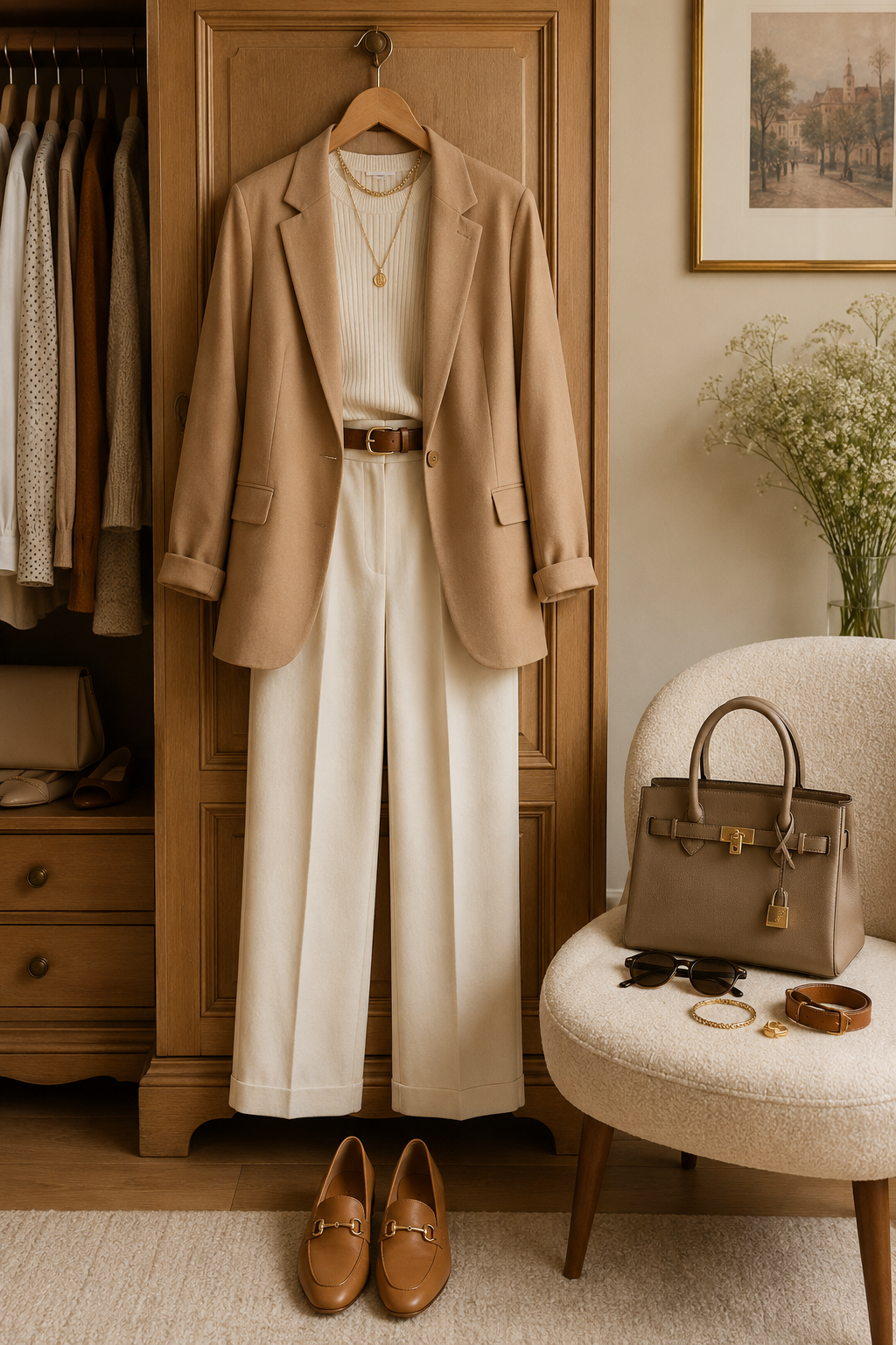 Neutral tones in an elegant womens outfit, a beige blazer, cream pants and jacket.