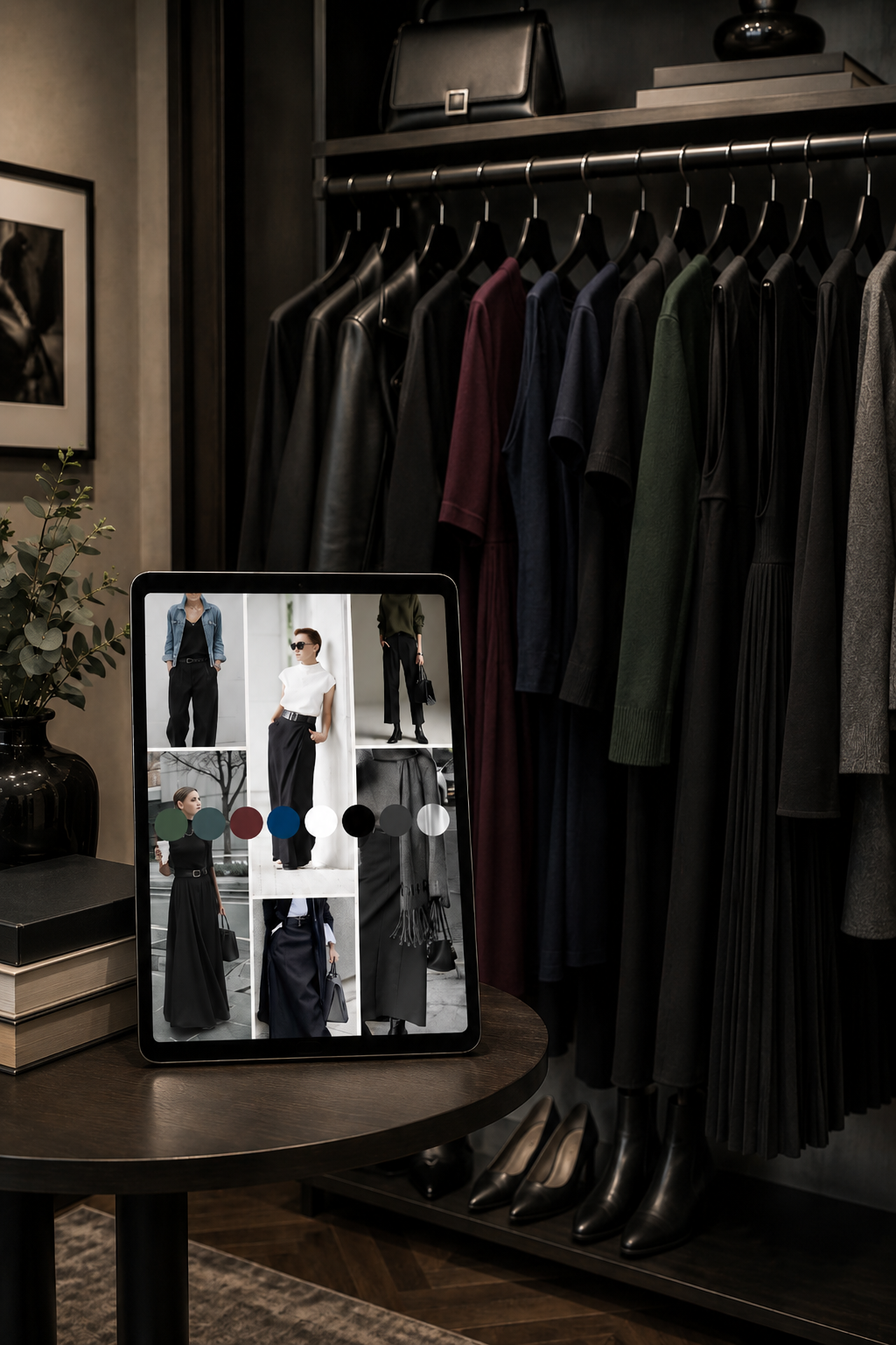 Dark neutral womens wardrobe styling moodboard in a wardrobe of matching clothes