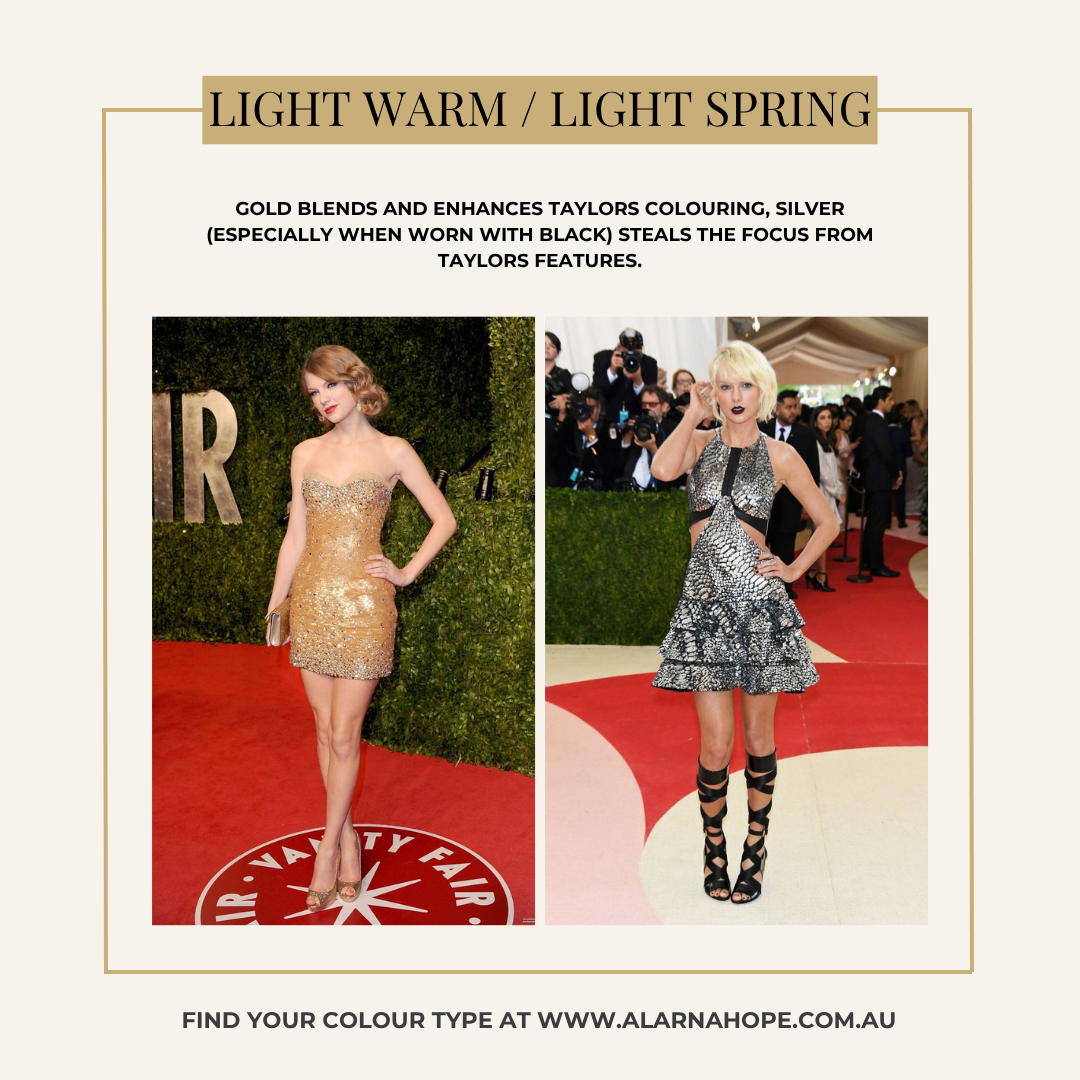 Taylor Swift is a light spring wearing a gold dress and a silver dress to compare undertone.