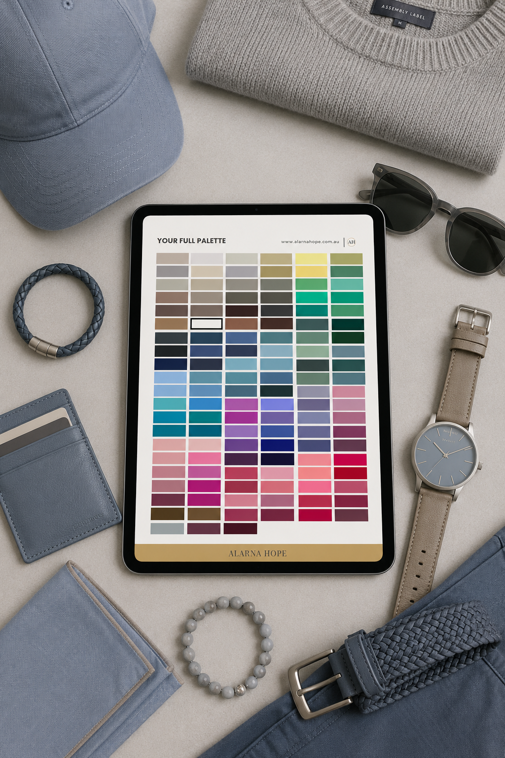 Personalised Men's Colour Analysis digital guide displayed on an iPad with coordinated menswear accessories for easy shopping and wardrobe planning.