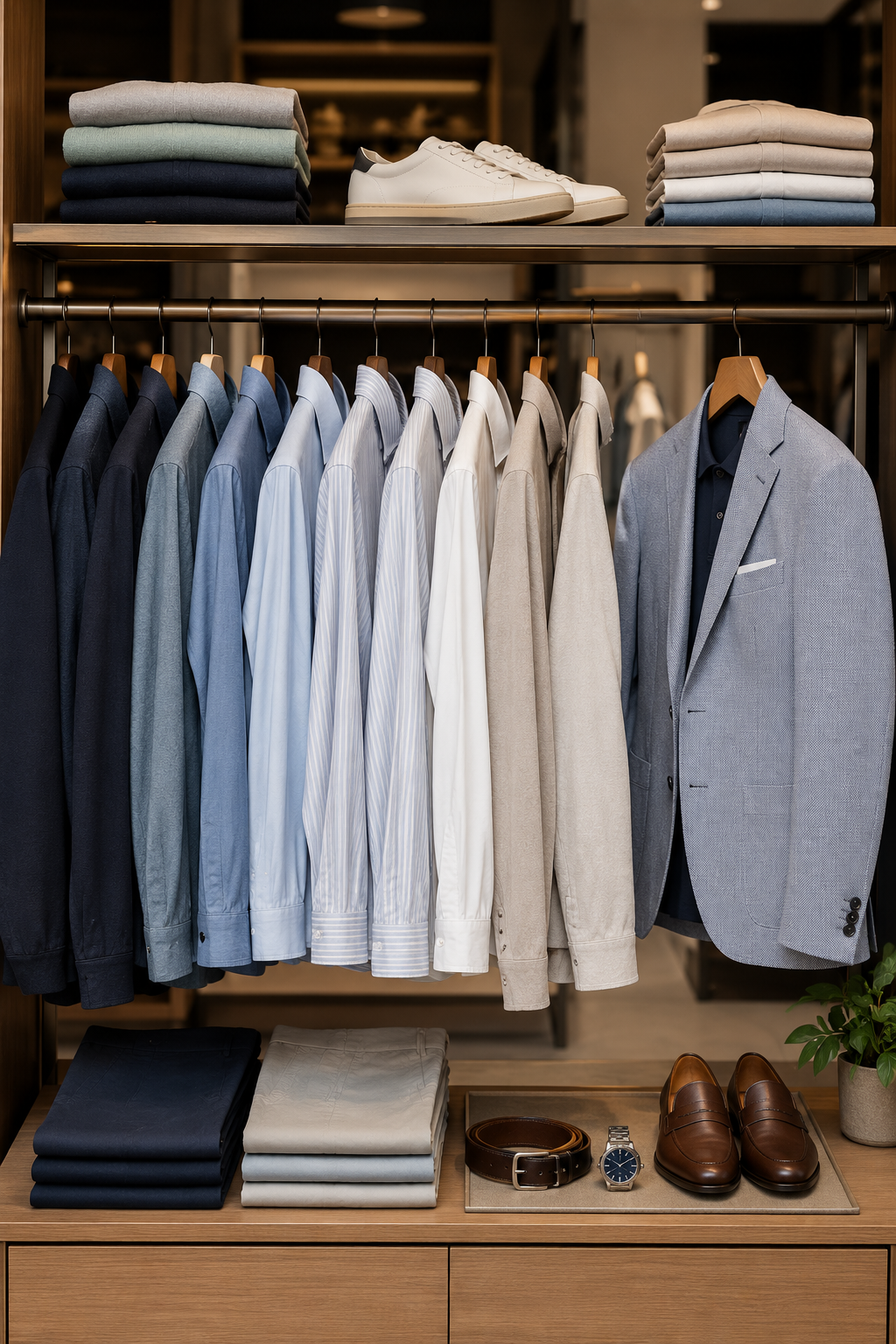 Men's capsule wardrobe in Soft Summer colours displayed in a Sydney menswear store, showing coordinated clothing selected by a personal stylist.