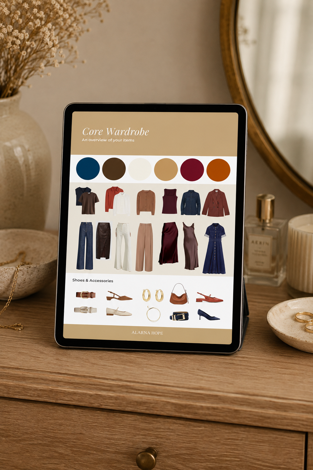 Personalised core wardrobe plan displayed on an iPad, showing versatile clothing, shoes and accessories for a Wardrobe Foundations package.