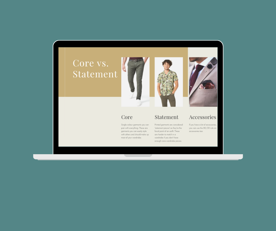 Presentation showing the difference between a core and statement piece in a mens wardrobe.