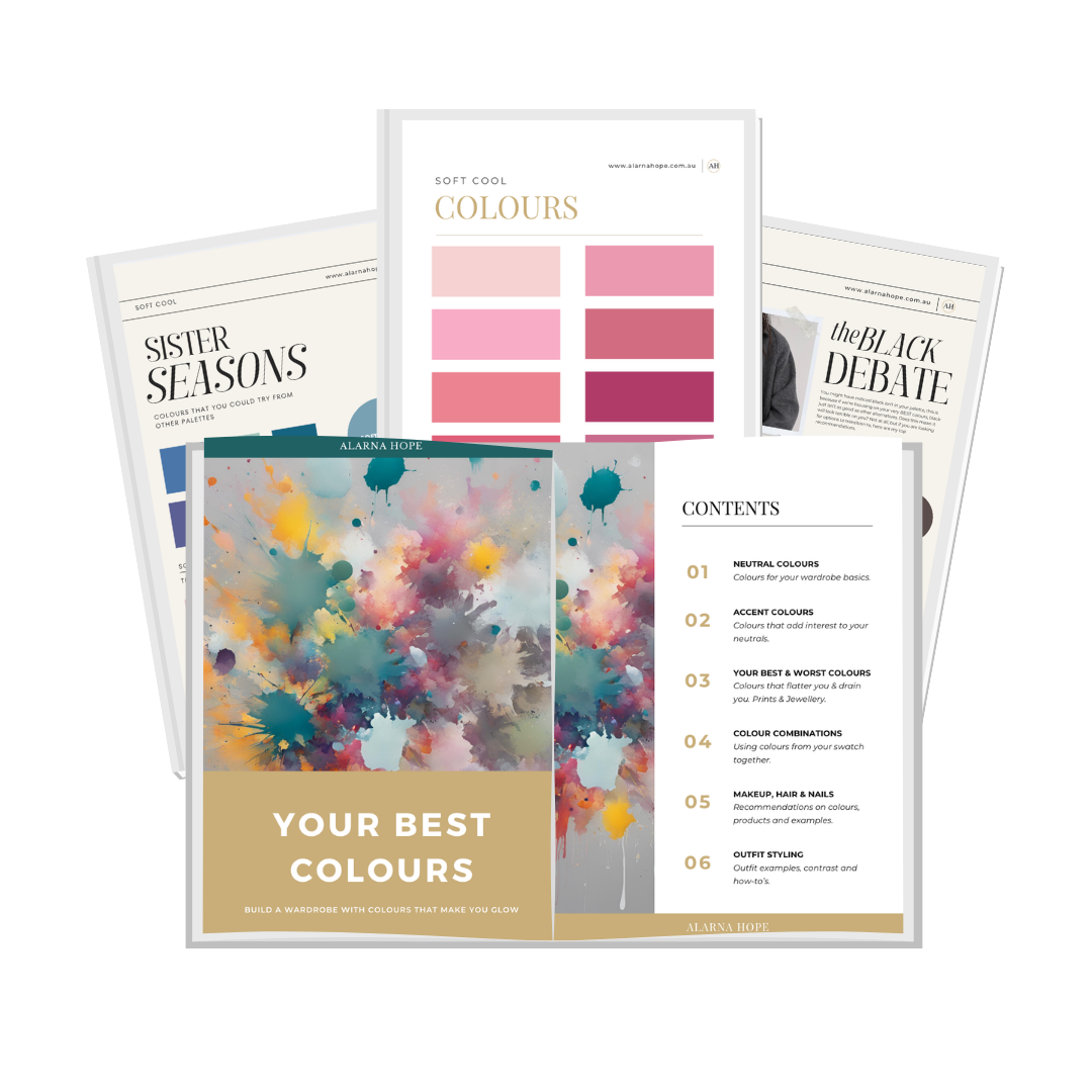 Personalised virtual colour analysis showing a client's seasonal colour palette, custom neutrals, neighbouring palette recommendations and colour strategy.