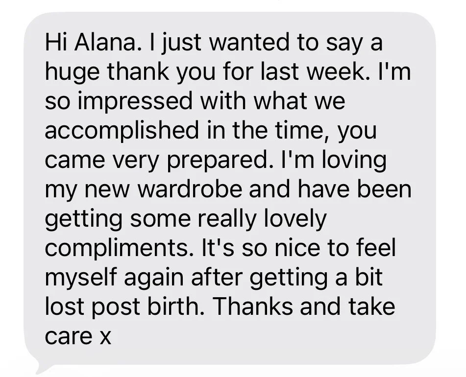 Text message testimonial from a personal shopping client thanking Alarna Hope for helping her rebuild her wardrobe after birth.