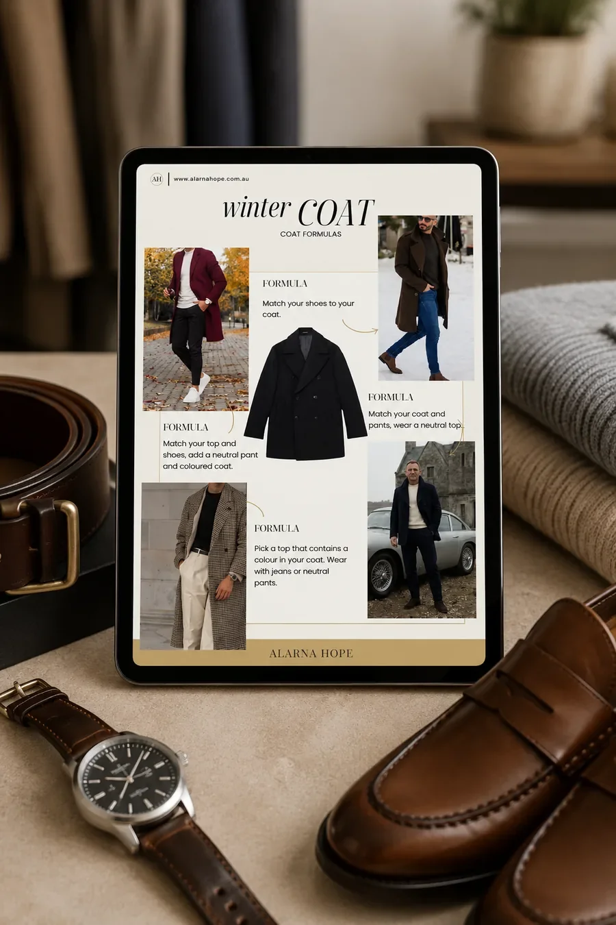 Men's Winter Outfit Formula Guide on an iPad, showing winter capsule wardrobe outfit formulas alongside leather shoes, belt and watch.