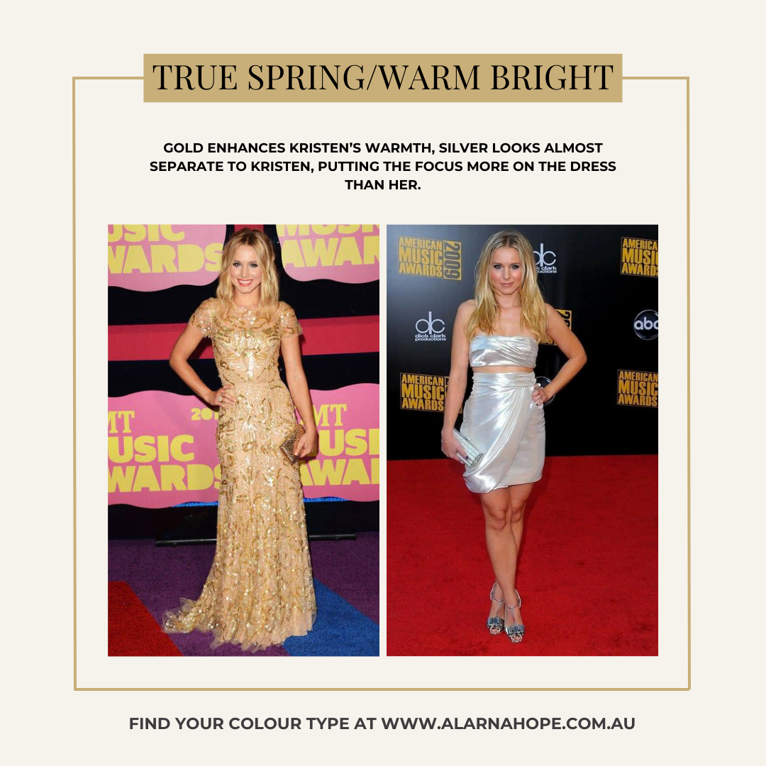 True Spring example of Kristen Bell wearing gold and silver.