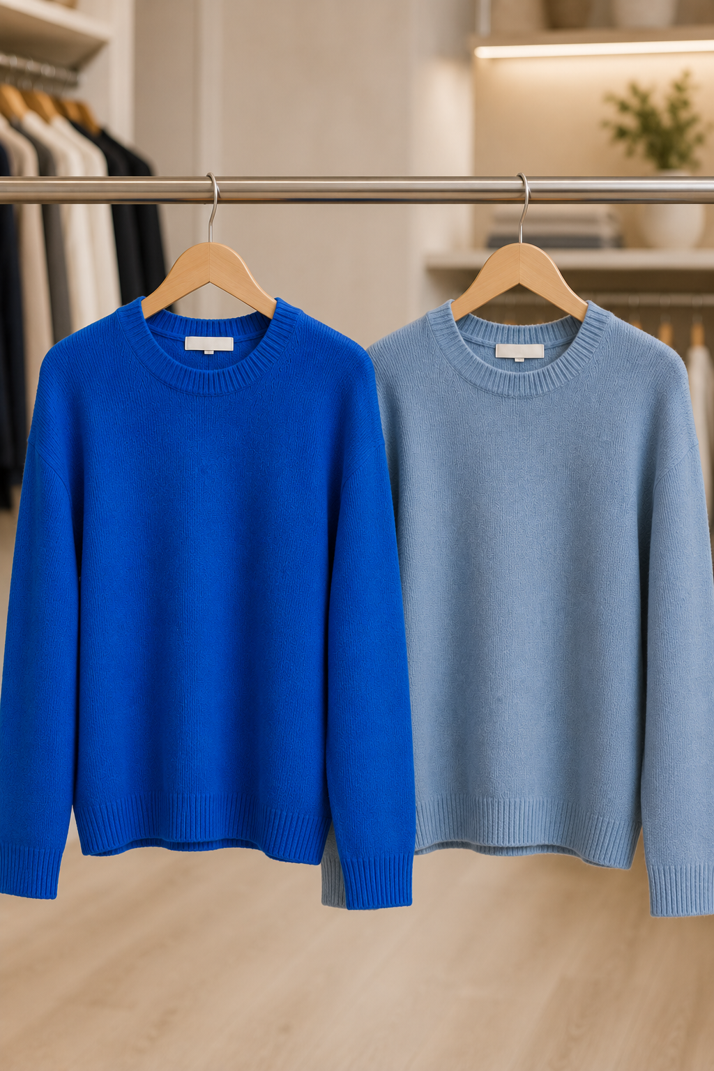 Bright royal blue sweater hanging beside a soft muted blue sweater on a clothing rail in a boutique, demonstrating the difference between bright and soft colour chroma in seasonal colour analysis.