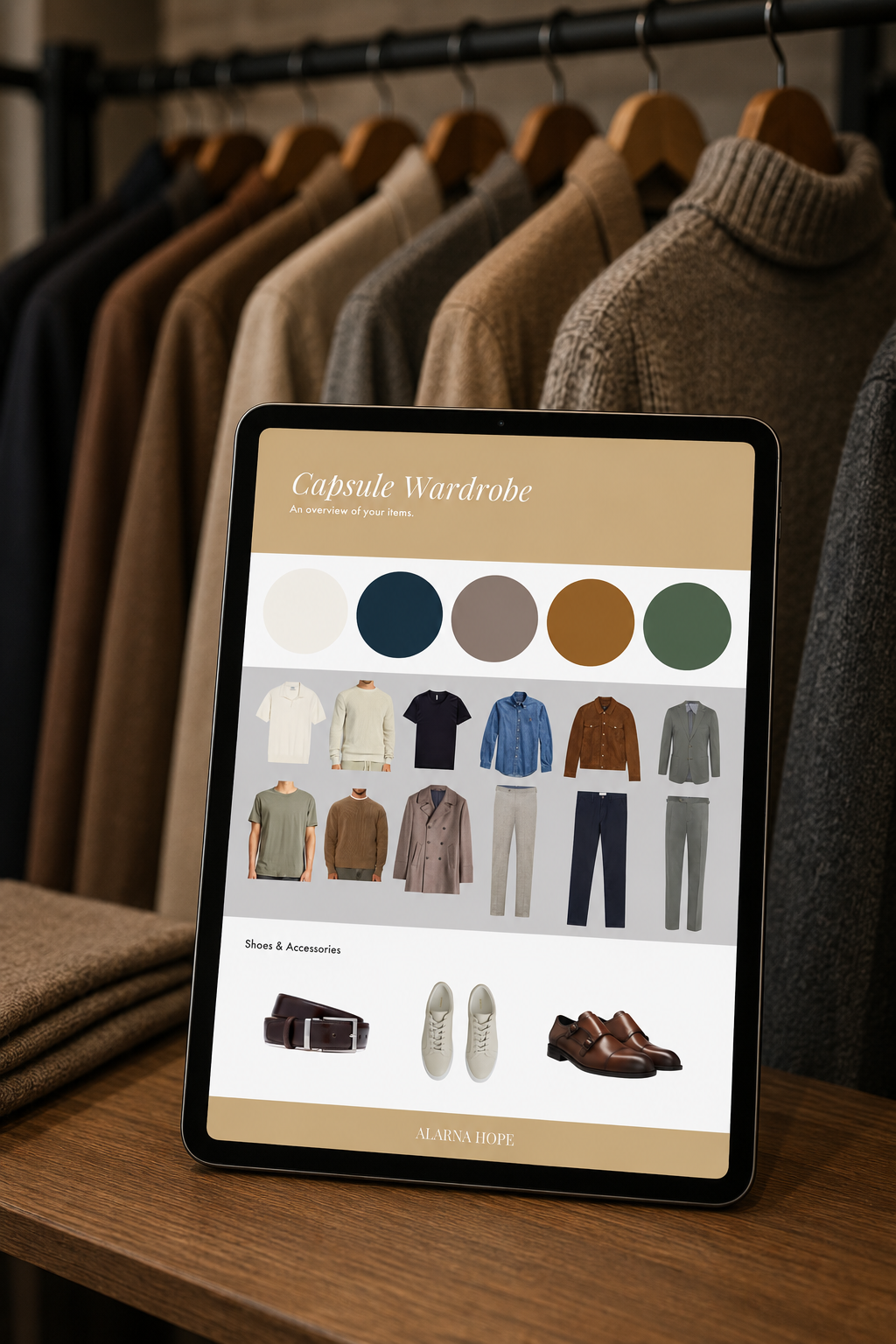 iPad displaying a men's capsule wardrobe guide beside a rack of neutral winter menswear, showcasing smart casual clothing in warm earthy tones for wardrobe planning and personal styling.