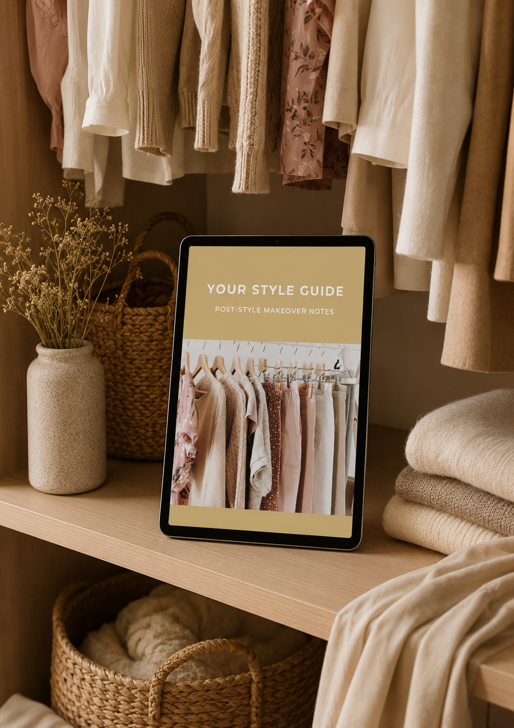 iPad displaying a personalised post-style makeover guide inside an organised warm neutral wardrobe, illustrating the digital styling notes clients receive after a women's style makeover.