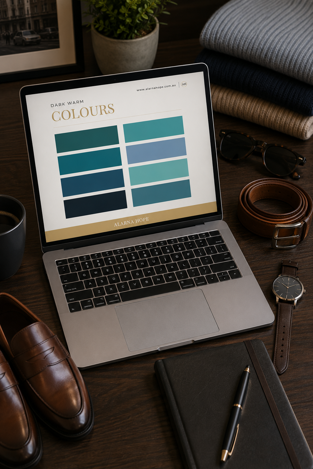 Men's Virtual Colour Analysis digital colour guide displayed on a laptop with coordinated menswear accessories for wardrobe planning.
