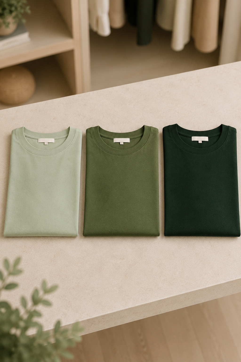 Three folded green T-shirts in light, medium and dark shades illustrating how colour value influences contrast in seasonal colour analysis.