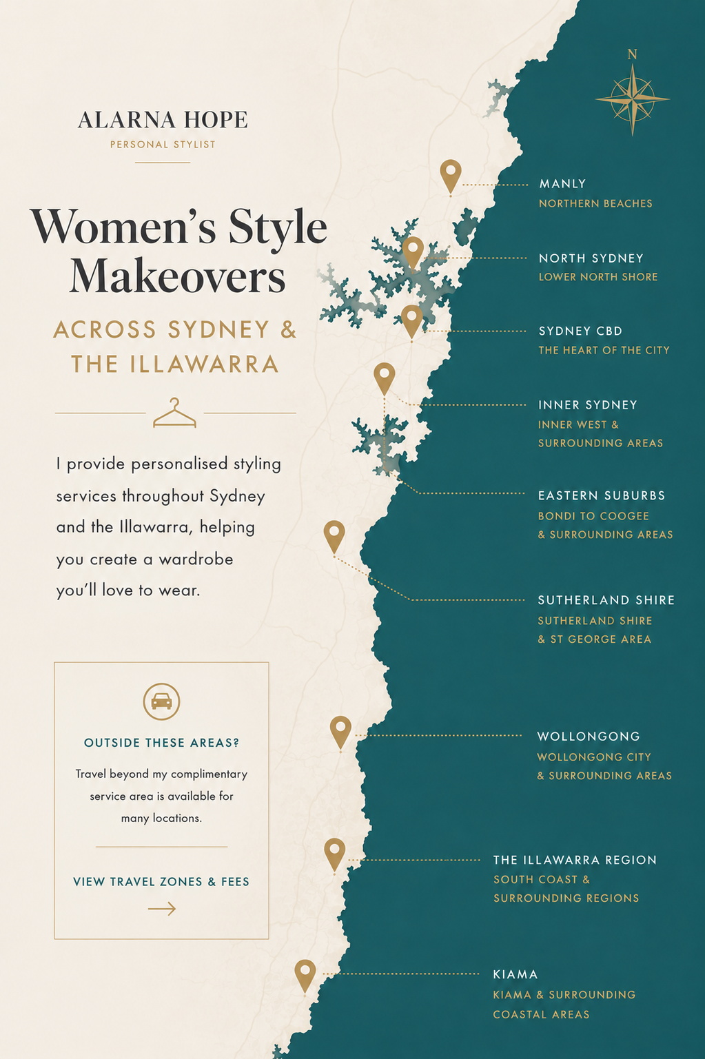 Illustrated map showing Alarna Hope's Women's Style Makeover service areas across Sydney CBD, Inner Sydney, North Sydney, Eastern Suburbs, Manly, Sutherland Shire, Wollongong, the Illawarra Region and Kiama.