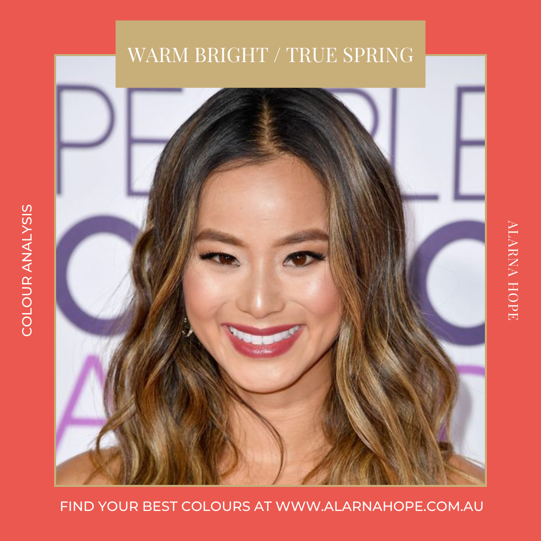 Jamie Chung in a warm bright coral as a true spring.