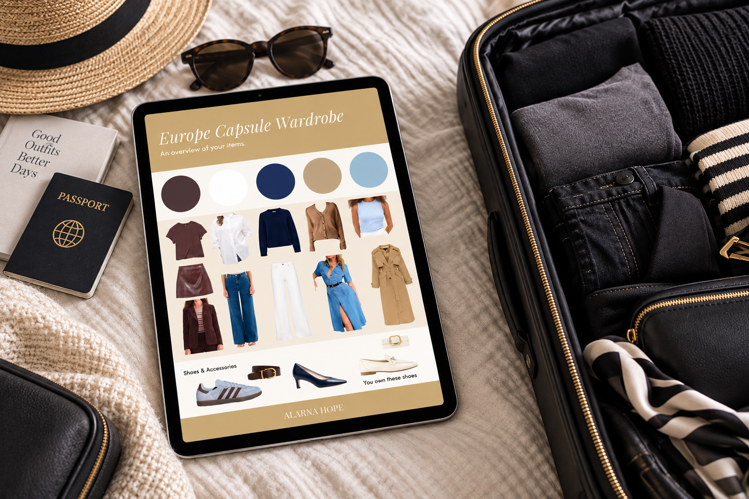 Personalised women’s Europe travel capsule wardrobe displayed on a tablet beside an open suitcase packed with coordinated clothing.