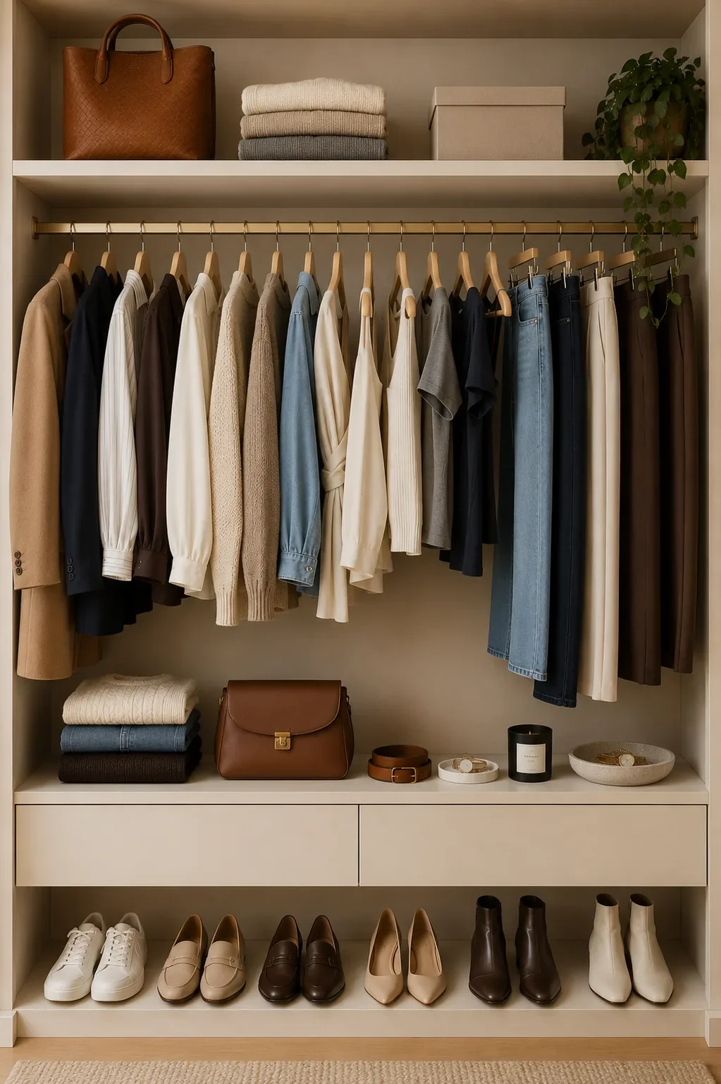 Beautifully organised wardrobe with timeless wardrobe foundation pieces in neutral colours for a personalised virtual styling service.