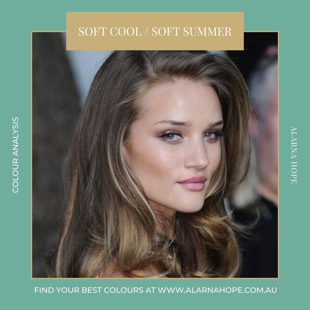 Rosie Huntington Whitely - Soft Summer with a pale teal border.