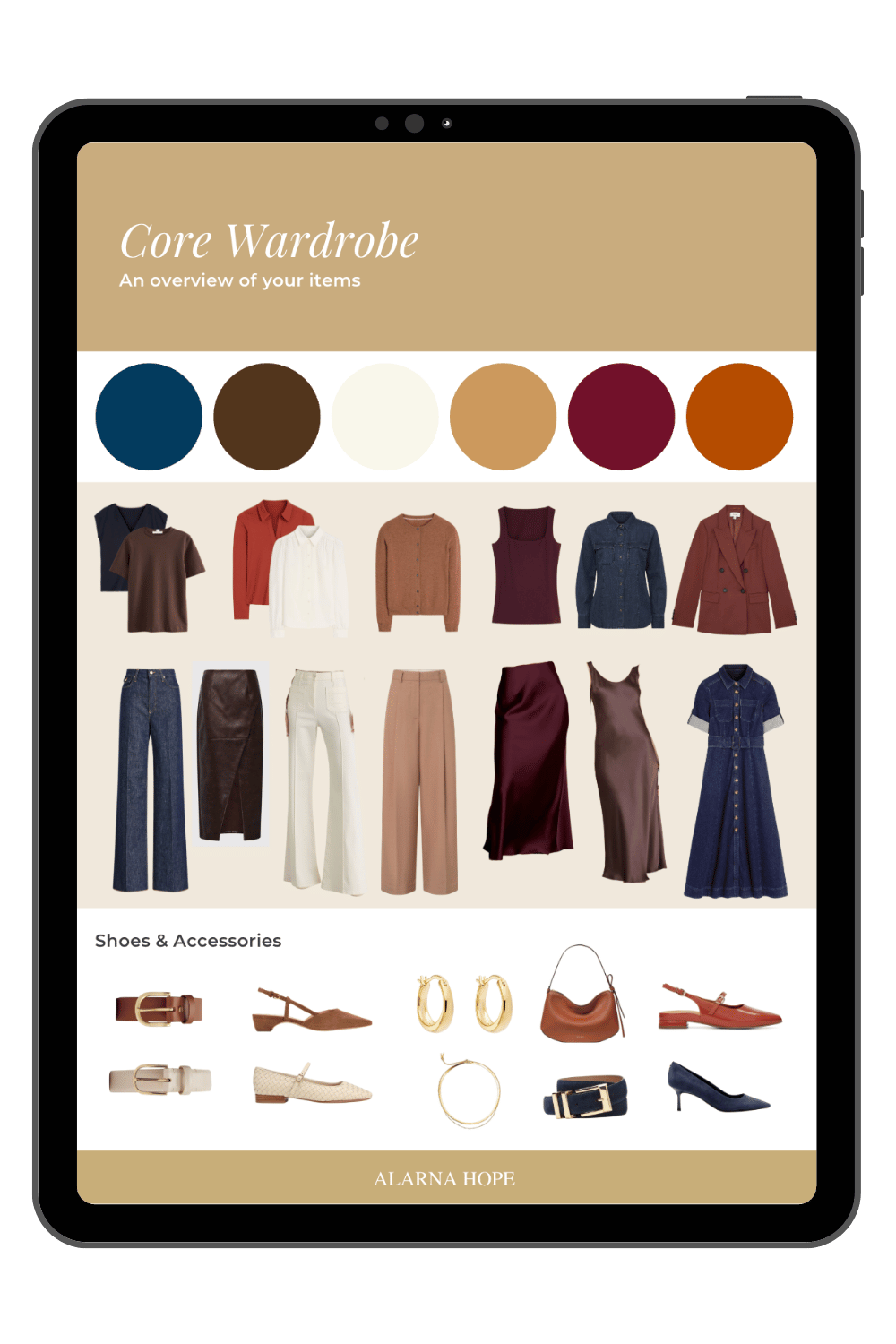Personalised core wardrobe plan displayed on an iPad, showing versatile clothing, shoes and accessories for a Wardrobe Foundations package.