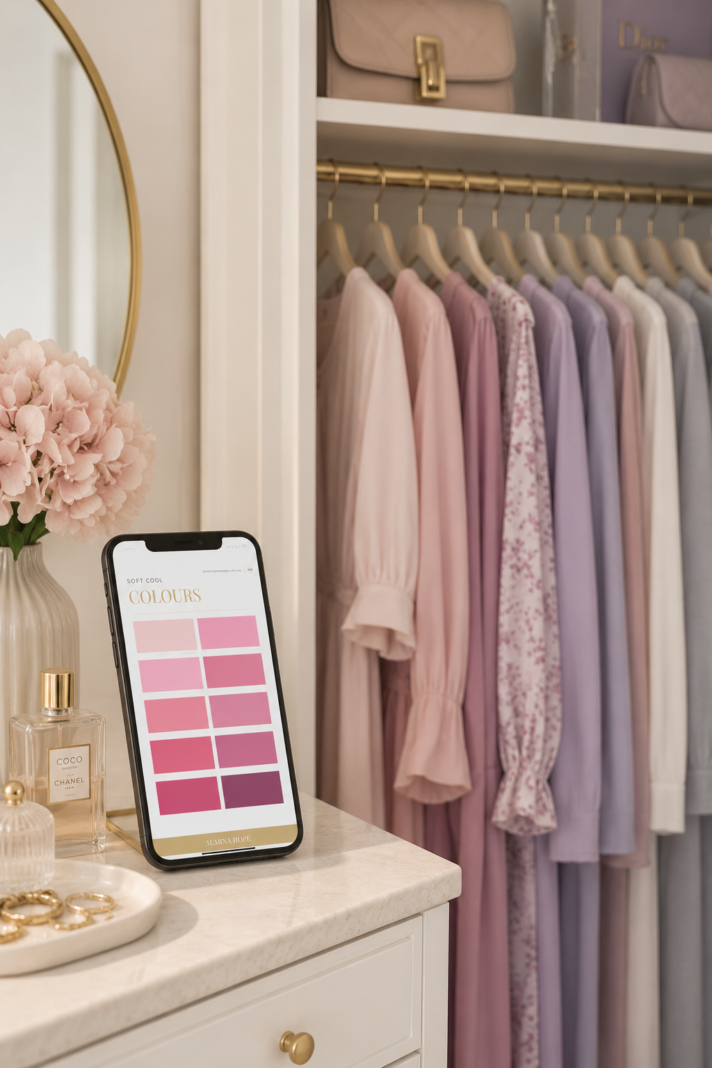 Women's personal colour analysis palette being used in a wardrobe for a soft summer, clothing in the wardrobe matches the palette
