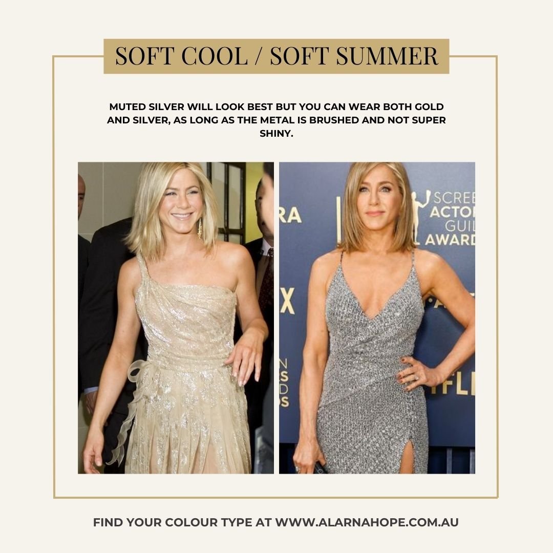 Jennifer Aniston in a Soft Summer Gold vs Silver dress.